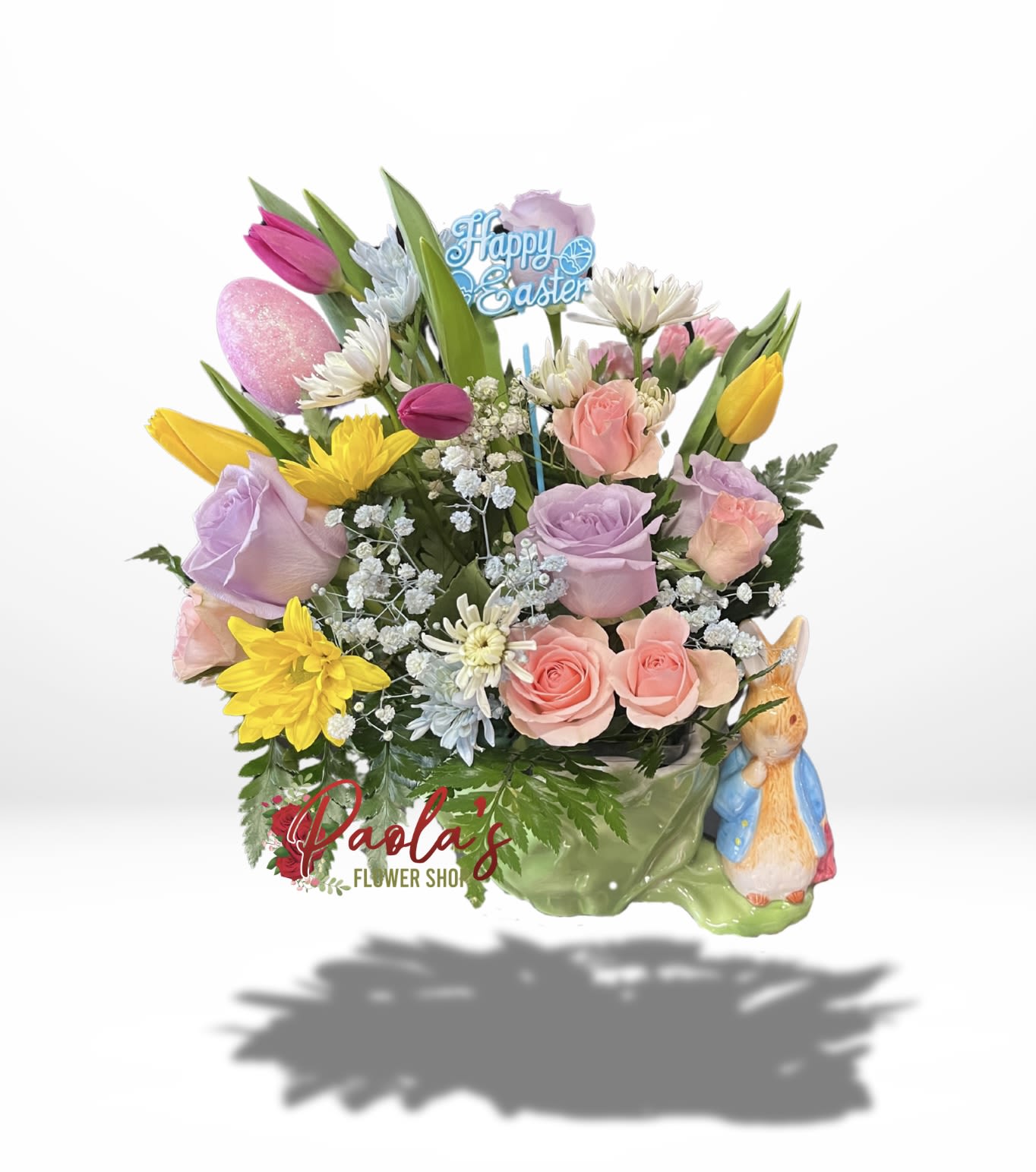 Bunny Greetings - Ceramic bunny containers with tulips and other mixed Patel colors. 
