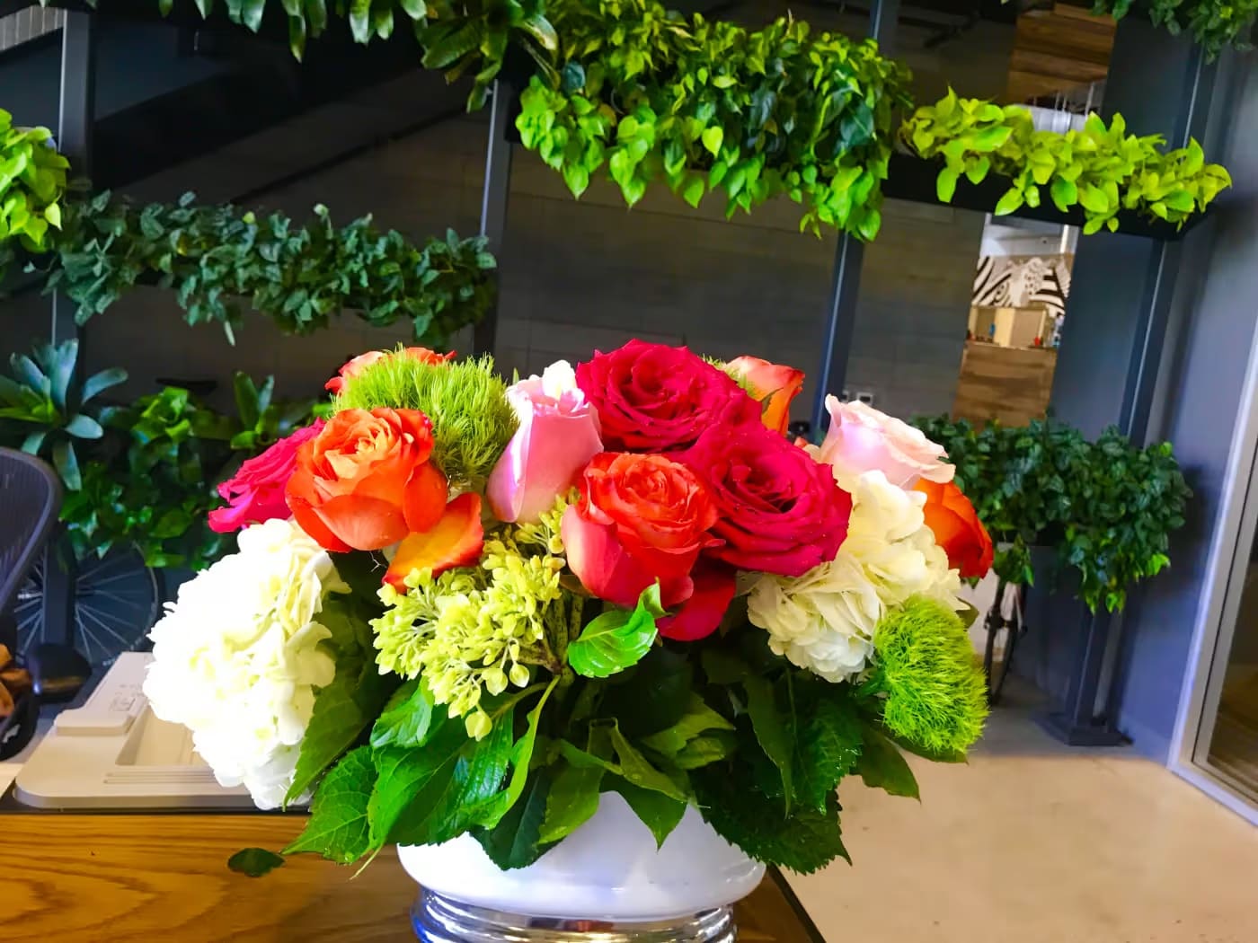 Hydrangeas, roses and fillers Hydrangeas, roses and fillers - colorful mix spring arrangement