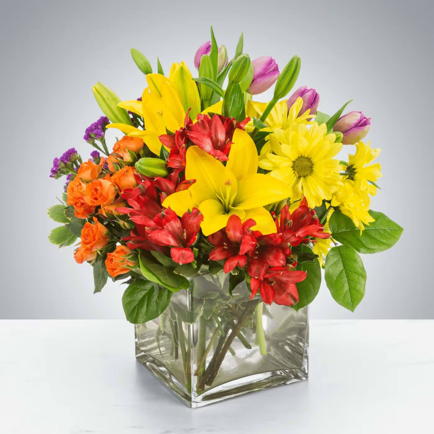 Juicy by BloomNation™ Juicy by BloomNation™ - Juicy by BloomNation™ packs a color punch! Featuring over 6 different flowers and greens, all in different colors, this arrangement is a great option for sending to co-workers, friends, or clients. Make a brightly colored splash. Approximate Dimensions: 11"D x 11"H