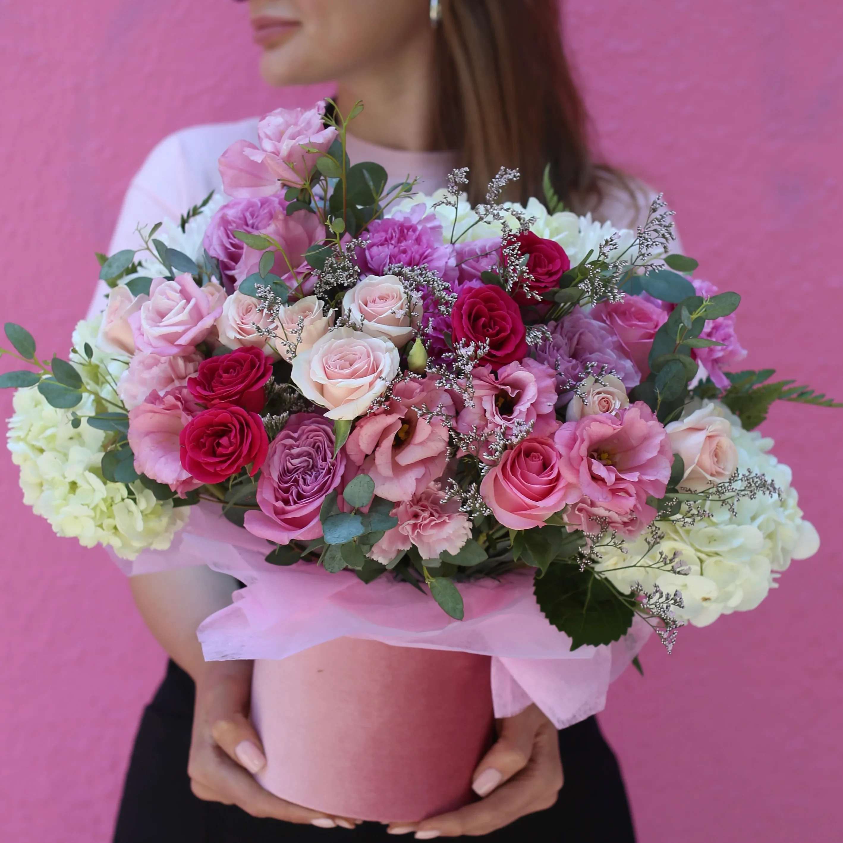 Alexandra - Alexandra is a charming flower arrangement with two types of pink spray roses, carnations, and hydrangeas, pink lisianthus beautifully presented in a velvet box. Make someone's day brighter ordering flower delivery from a local florist. This bright and colorful flower arrangement will be a perfect choice for birthday, anniversary, any holiday or just because.