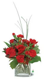 Rosey Po sey Rosey Po sey - A deep red combination that is sure to delight and surprise someone special. This combination of red roses and red carnations is arranged in a stylish glass cube accented with clear pebbles resting on the bottom.