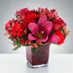 Ruby by BloomNation™ Ruby by BloomNation™ - This all-red arrangement is the perfect present for the holiday season. Ruby's are also the birthstone of July which makes this arrangement a thoughtful gift for people with a summer birthday. Approximate Dimensions: 11"D x 11"H