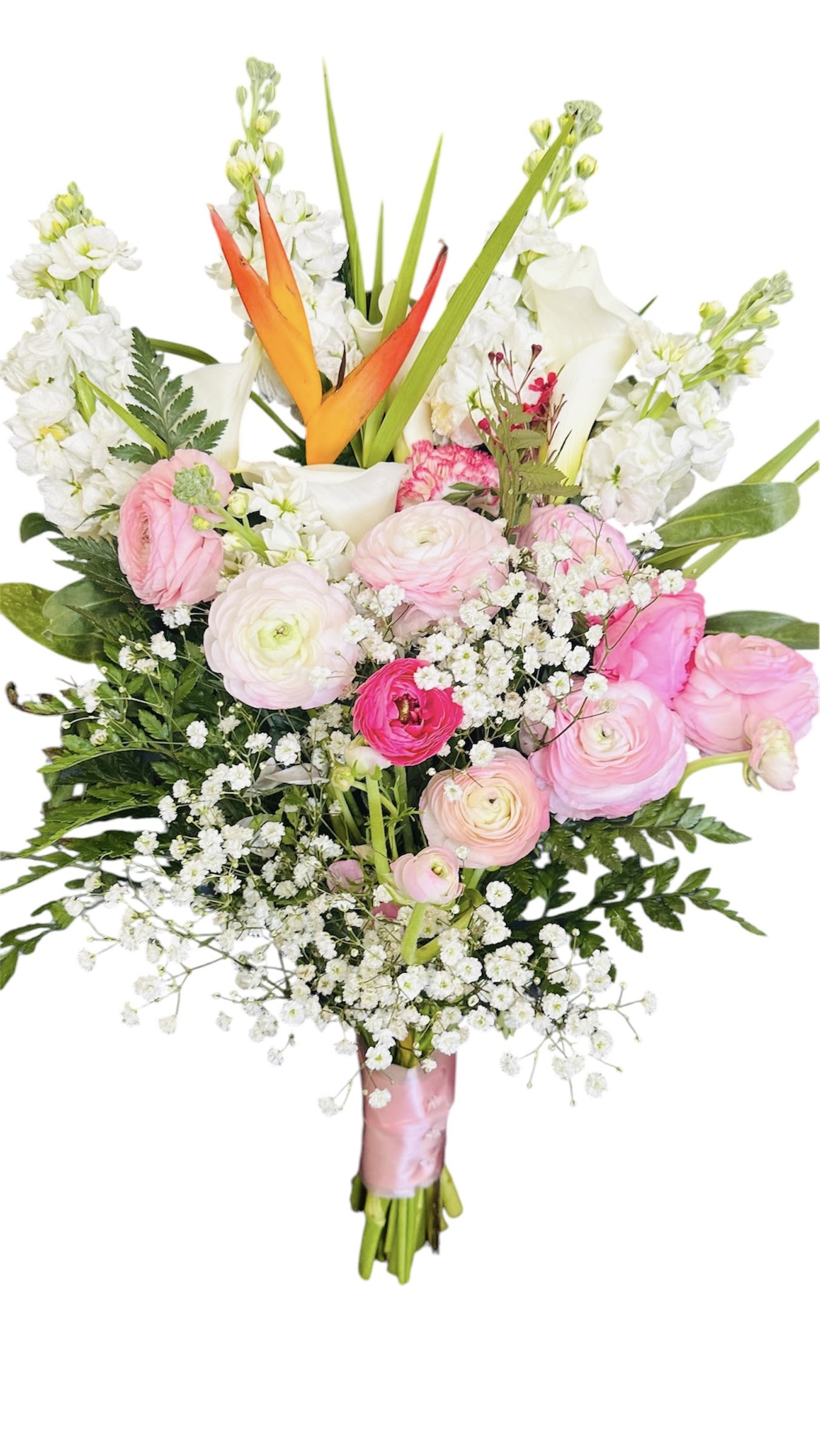 Bridal  bouquet  Bridal  bouquet  - This vibrant bouquet features a mix of ranunculus, calla lilies, baby’s breath, stock flowers, and a striking bird of paradise bloom. The variety of textures and colors creates a lush, tropical-meets-romantic arrangement perfect for special celebrations.