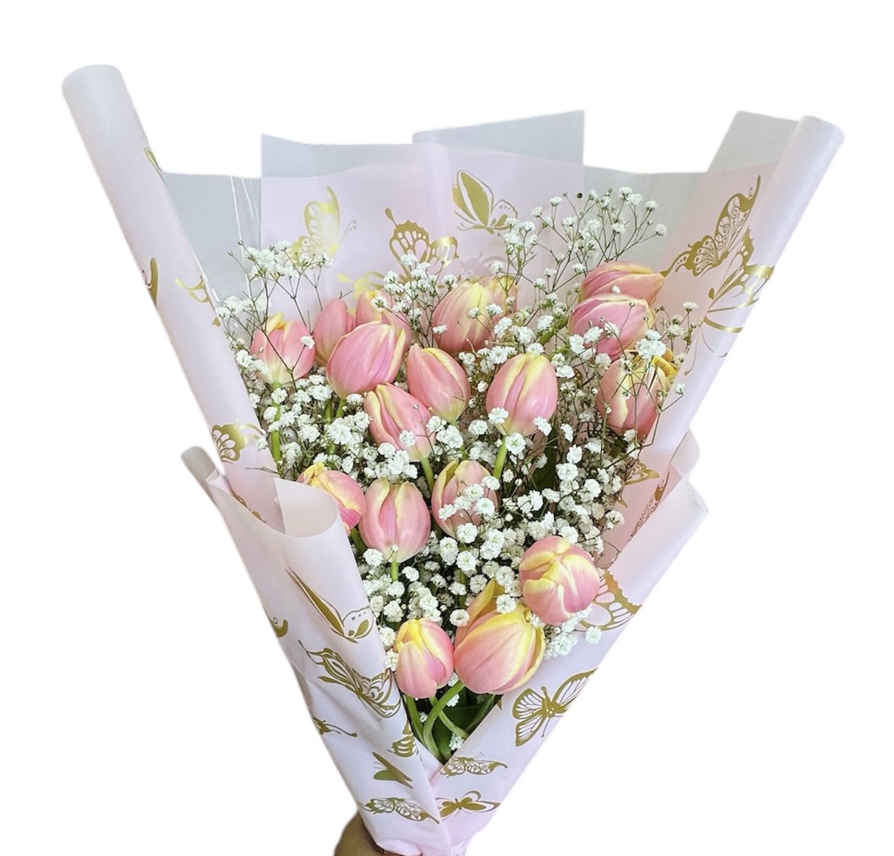 Blush Tulip   - This bouquet features soft pink tulips accented with delicate white baby’s breath (Gypsophila), all wrapped in elegant butterfly-patterned pastel paper. It’s a charming and graceful arrangement, perfect for springtime gifting or special occasions. 