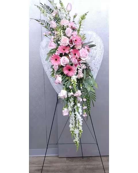 Metal Angel Wings Standing Easel - Metal Angel Wings Standing Easel These tin angel wings are adorned with a swag of Pink and White fresh-cut flowers. Customized to your color choice is also available. 30&quot; H X 23.5 W PREMIUM  SHOWN