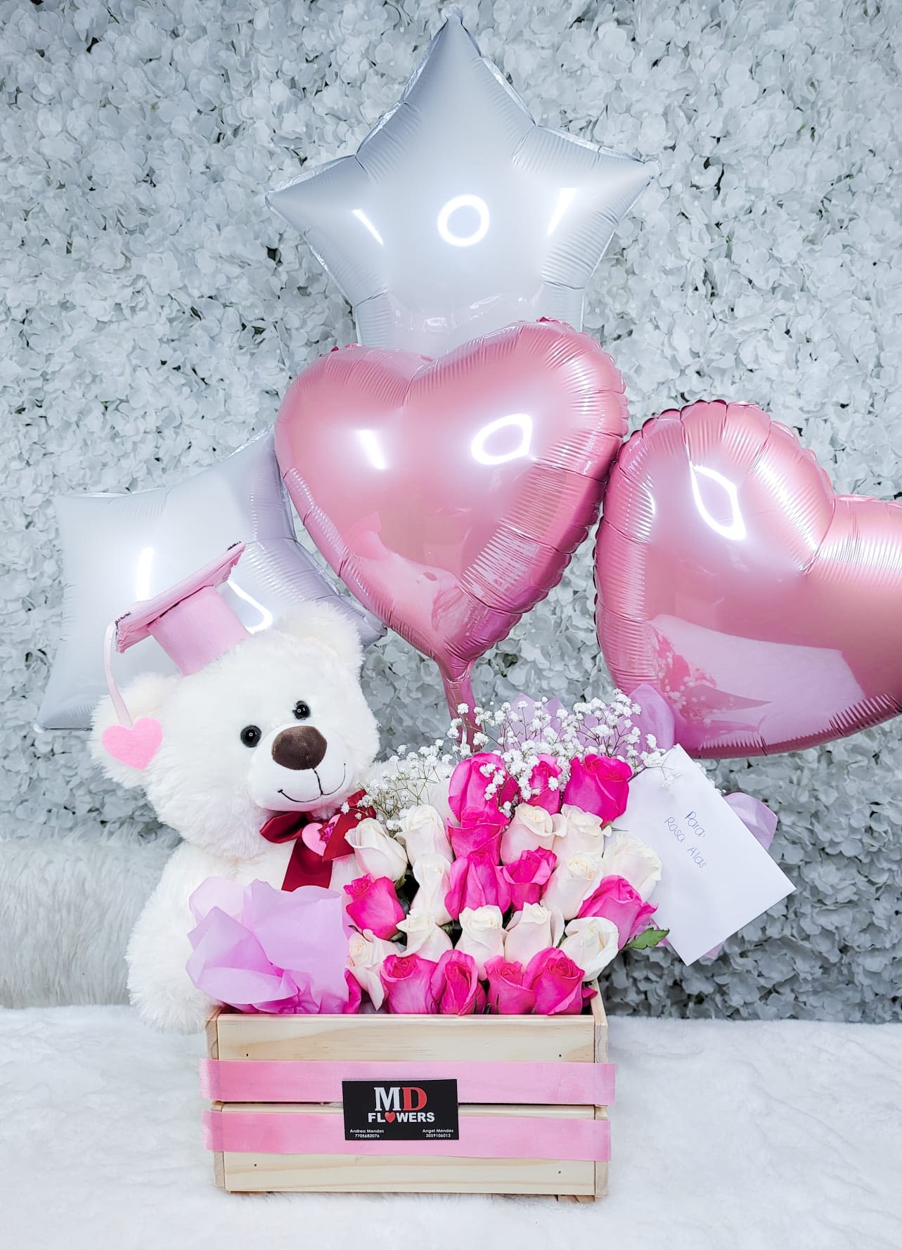 24 PINK ROSES GRADUATION - 24 pink and white roses graduation with teddy bear and balloons
