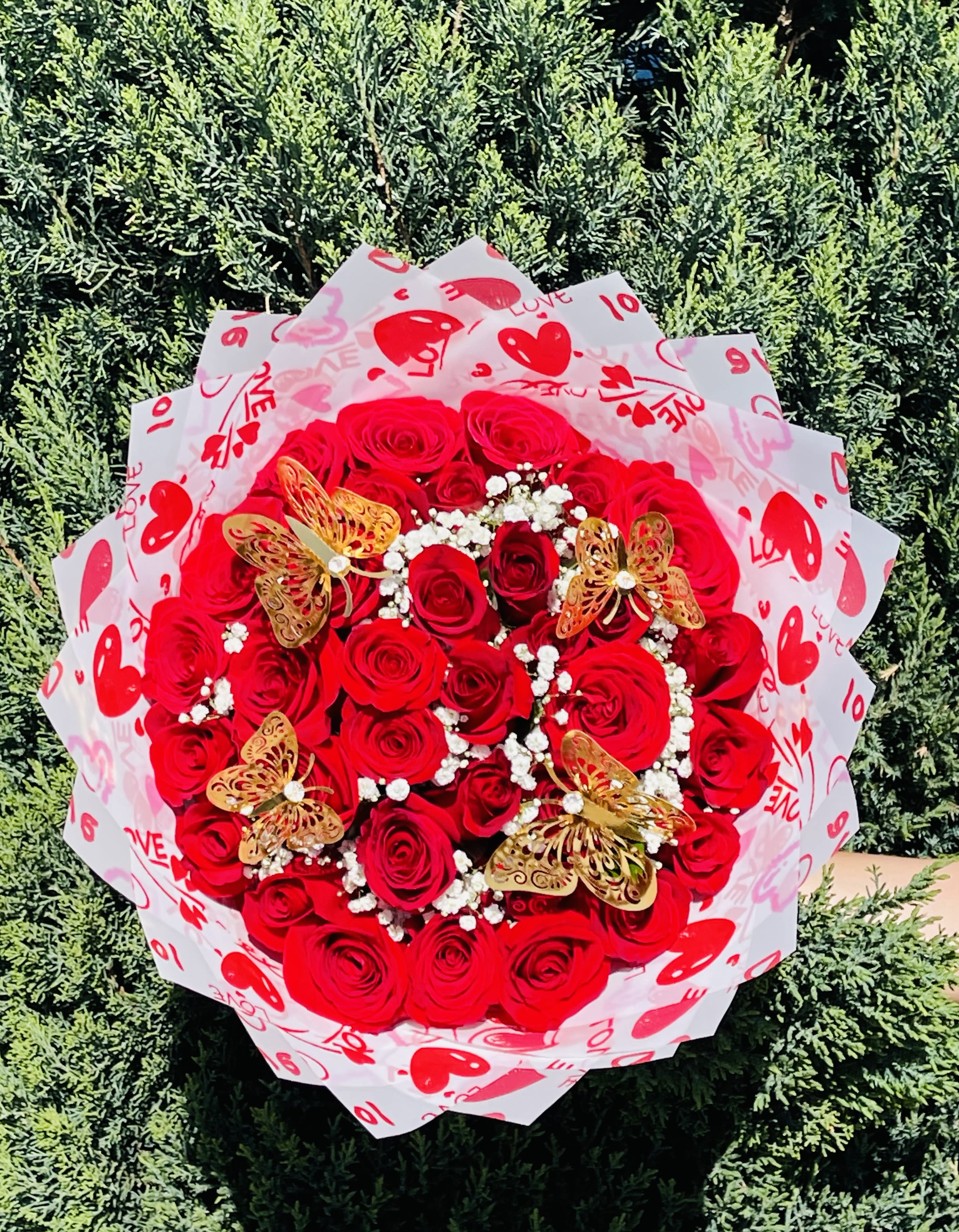 Red love  - 36 red roses wrapped in Korean paper with heart designs