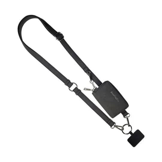 Save The Girls- Leather Black (Vegan)  - The Clip &amp; Go is a stylish and versatile phone strap. This strap offers more than meets the eye! The multifunctional design converts the crossbody into a wristlet or can be used as a fashion strap on a purse. The included phone card is easily tucked into the back side of your own phone case through the charging port hole leaving enough room to use your charging port as normal. The Clip &amp; Go effortlessly compliments your style while keeping your phone close at hand, allowing you to go hands-free with ease. Your phone can hang at your side hands free, while the included innovative hanging phone card, convenient zippered change pouch and detachable wristlet combine to create a product that has undeniable global appeal.  Features:  Included Hanging Phone Card, converts your phone case into a hanging cross body carrier Beautiful and extremely comfortable, adjustable cross body shoulder strap, with removable wristlet Comes complete with a RFID protected zippered change pouch. Carry cash and credit cards safely and securely!  Removable, adjustable, cross body shoulder strap can easily be used on other purses   Dimensions:  Adjustable Shoulder Strap: 41&quot; to 59&quot; long Zippered Pouch: 4.4&quot;wide x 3'' tall Detachable Wrist Strap: 7.5&quot; long
