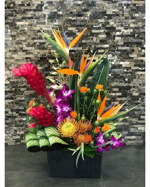 Tropical Love - Send a taste of the tropics to that  special person today? Our Tropical Love is full of lovely tropical flowers in bright orange and pinks designed inside a black container. We used pink ginger, purple Phalaenopsis orchids, birds of paradise, orange pin cushion protea and tropical leaves folded for an elegant design.