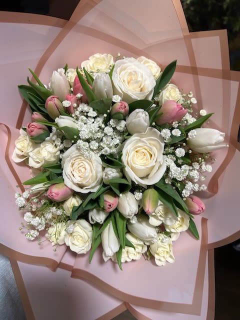 Pastel Garden  - Boquet of white (regular and mini) roses, white tulips, pink tulips, and baby's breath.