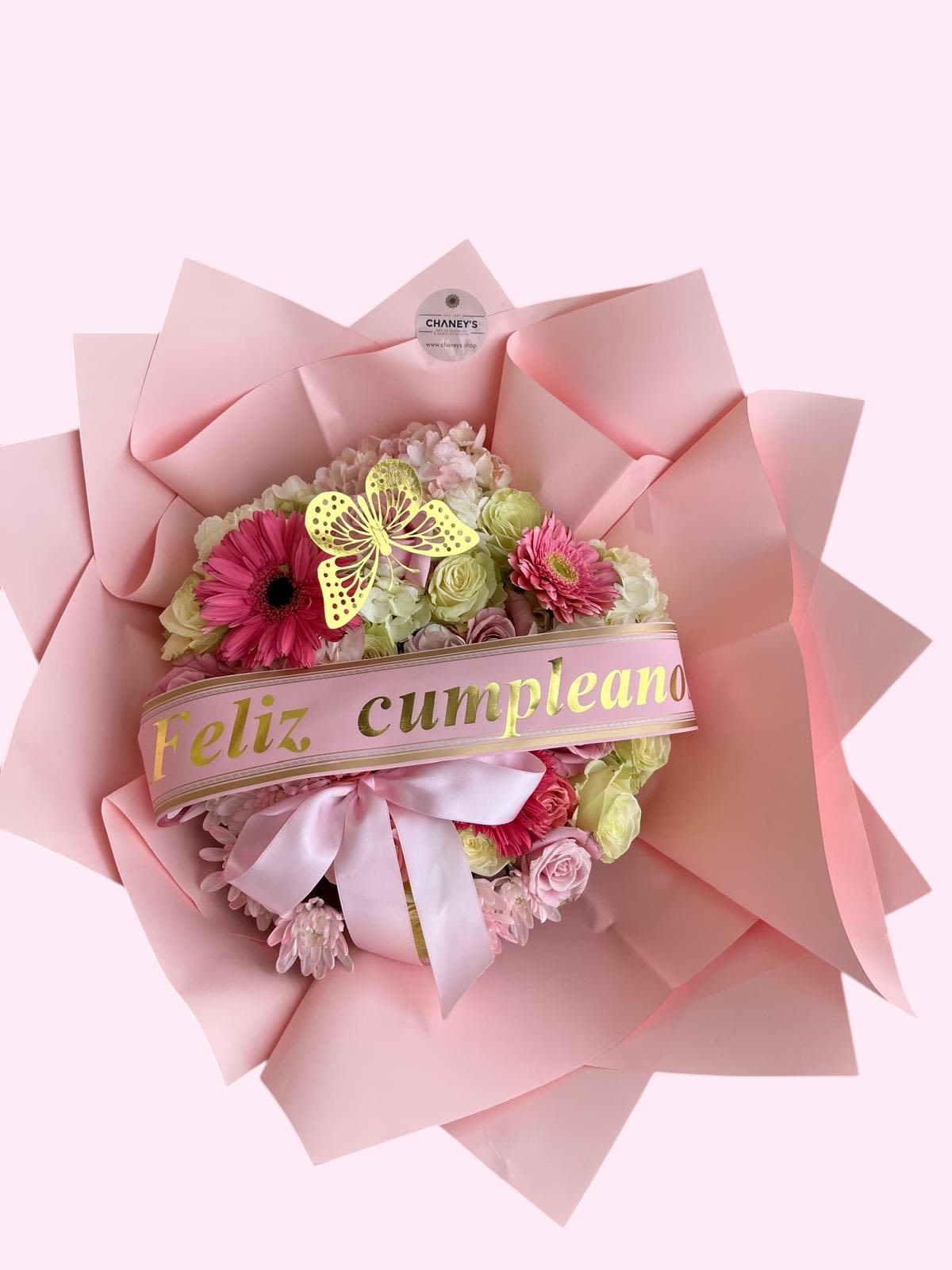 Chaney‘s Feliz Cumpleaños (Happy Birthday) - Stunning Girlie Birthday Premium Wrap with a printed ribbon, a crown and butterfly decoration.