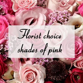 Florist choice- shades of pink Florist choice- shades of pink - This florist choice bouquet contains shades of pink seasonal mixed florals beautifully arranged in a glass vase. Handwritten card is included. Send the most beautiful flowers for that special someone. Next day delivery available to Tequesta, Jupiter, Palm Beach Gardens and Palm Beach.
