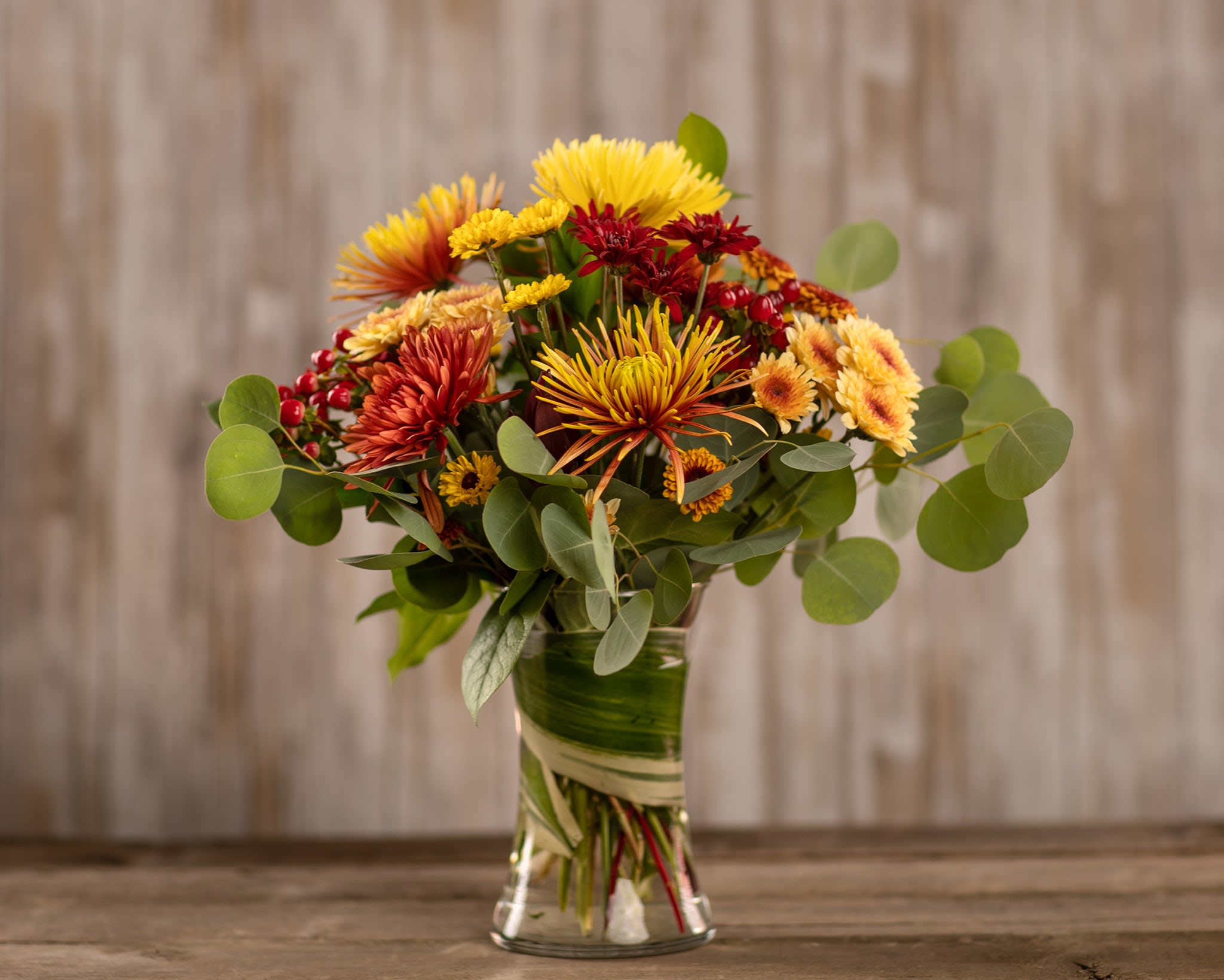 Mums the Word (Fall/Winter) - Take delight when you send our best collection of assorted colorful seasonal mums. Hand arranged in an elegant glass vase and highlighted with seasonal greens and textures.