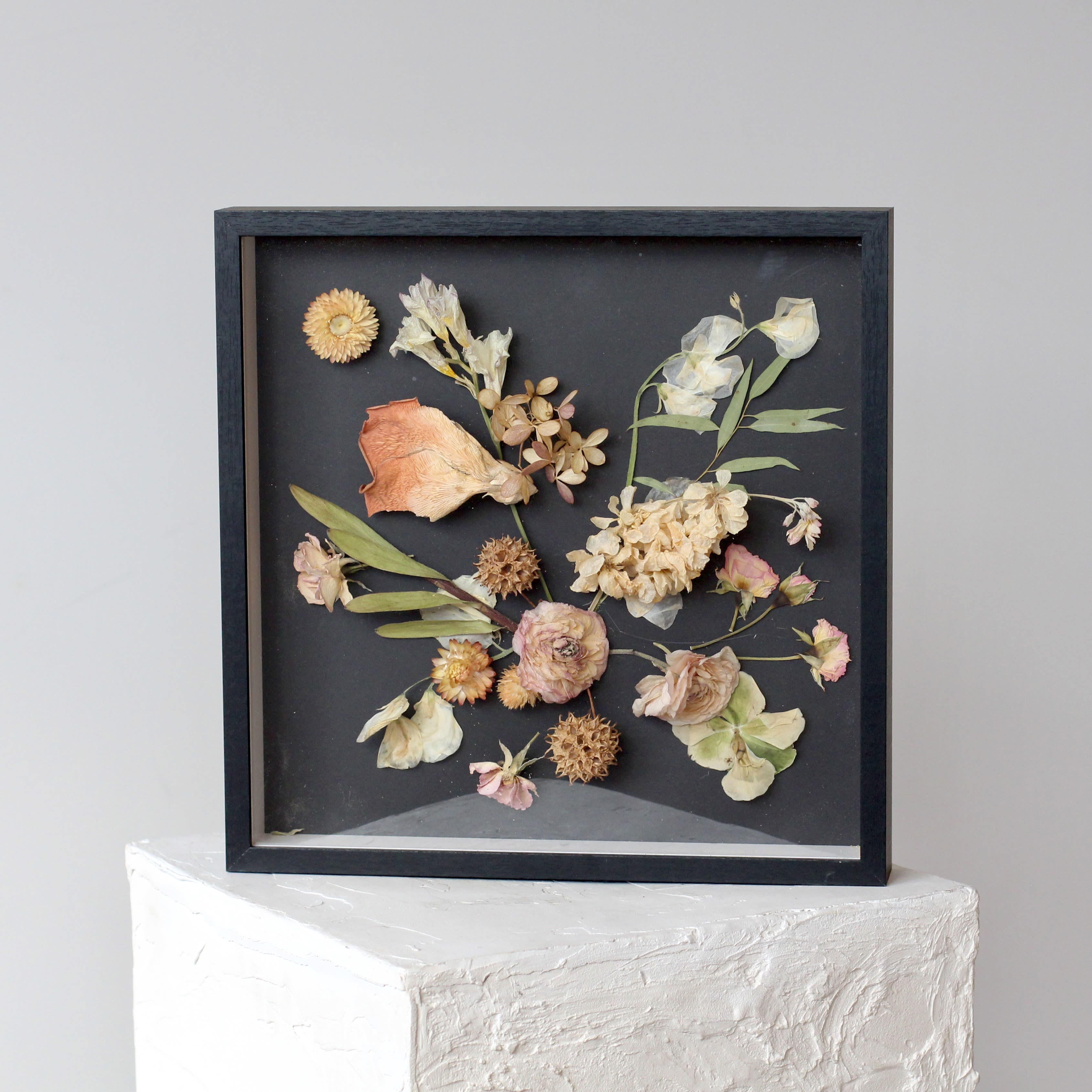 Peach Dried Floral Shadowbox Frame - This elegant peach dried floral shadowbox frame showcases delicate peach-colored dried flowers artfully arranged alongside a preserved dried mushroom. Encased in a sleek shadowbox frame, it adds warmth and organic texture to any space, making it a perfect accent for home décor or a thoughtful gift for nature lovers.  APPX. 12.5x12.5x1.3/4