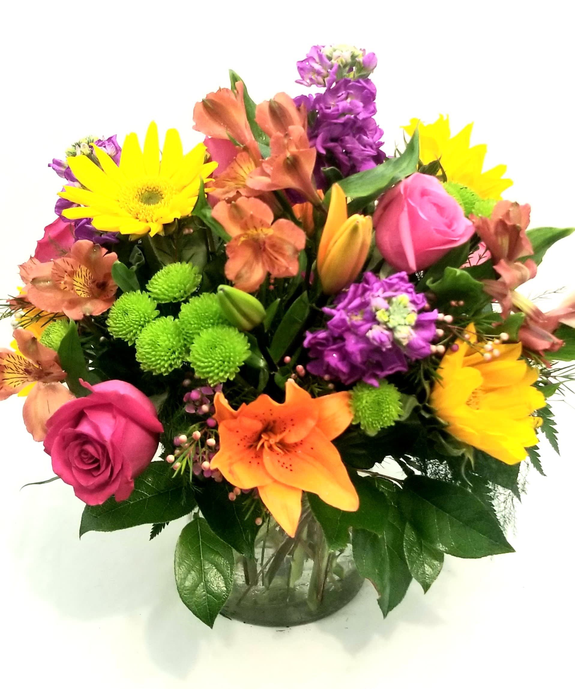 Vibrant Sentiments - Send this colorful arrangement to let your special someone embrace the sentiments you are sending. Crafted by FlowerBee's floral artist from the freshest roses, lilies, stock, sunflowers  alstroemeria and chrysanthemums in a classic low cylinder vase.  Our floral artist hand-design each arrangement, so colors, varieties, and container may vary due to local availability Lilies may arrive in bud form and will open to full beauty over the next 2-3 days