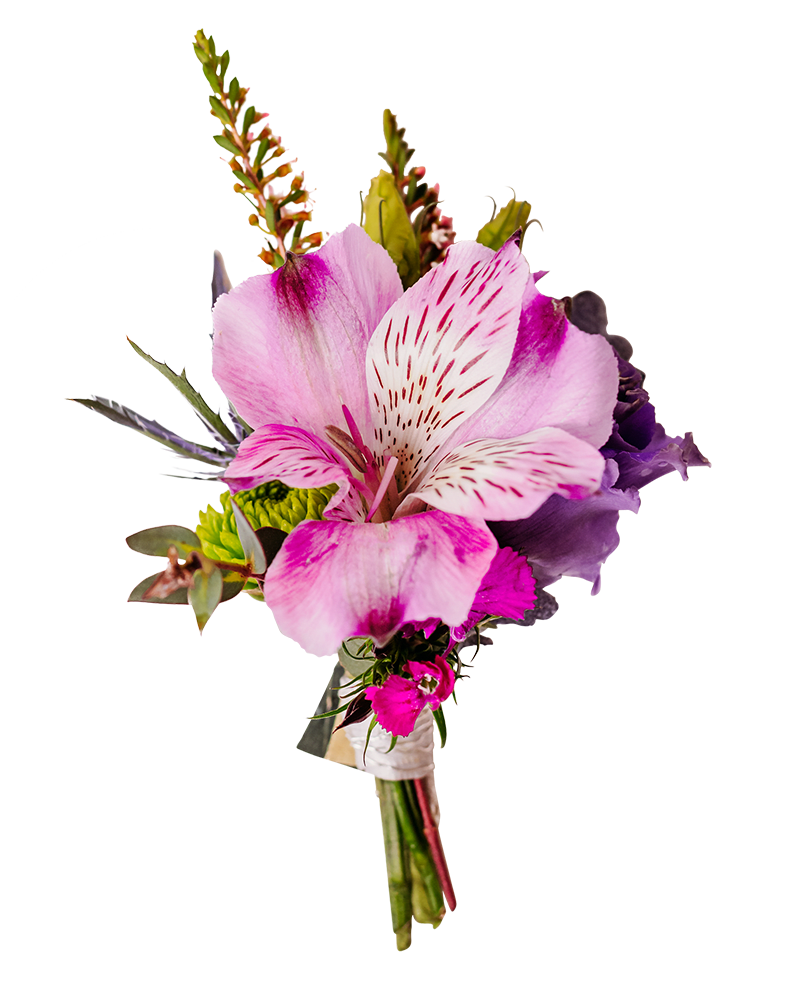 Night Sky Boutonniere - Our Night Sky Boutonniere will stand out on any attire. Night Sky features pink and purple blooms with a touch of green.