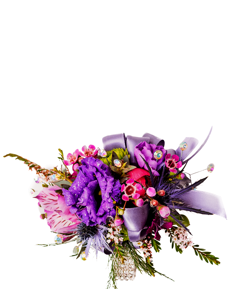Night Sky Corsage - The Night Sky Wrist Corsage will add a touch of color to the evening. Night Sky features pink and purple blooms on a rhinestone wrist bracelet.