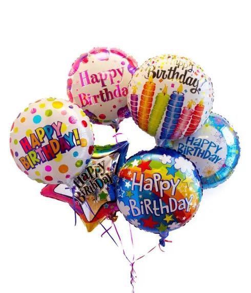 Birthday Balloon Bouquet Birthday Balloon Bouquet - This vibrant birthday balloon bouquet is a burst of celebratory cheer! Six shimmering mylar balloons, each proclaiming "Happy Birthday," are gathered together in a delightful display. The balloons, likely featuring a variety of colors and designs, create a festive focal point, perfect for brightening any birthday celebration. They're tied with curling ribbons, adding a playful touch and ensuring they float gracefully, bringing joy and a touch of whimsy to the special occasion.