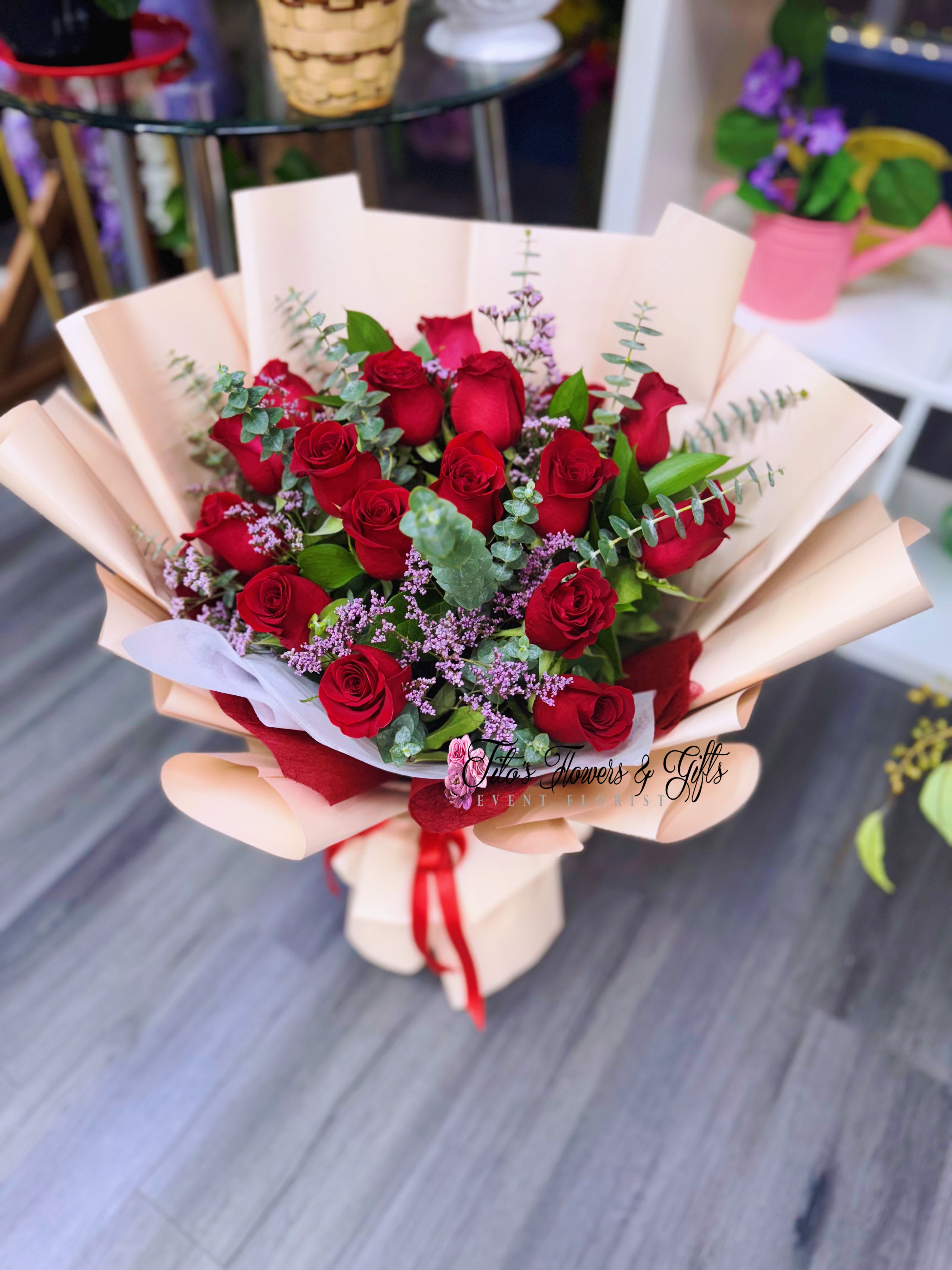 Eternal Romance Eternal Romance - Express timeless love and passion with our Eternal Romance bouquet. Featuring premium red roses, beautifully complemented by eucalyptus and delicate floral accents, this bouquet is wrapped in elegant Korean-style paper for a luxurious touch. The perfect choice for anniversaries, Valentine’s Day, or any special occasion where love takes center stage.