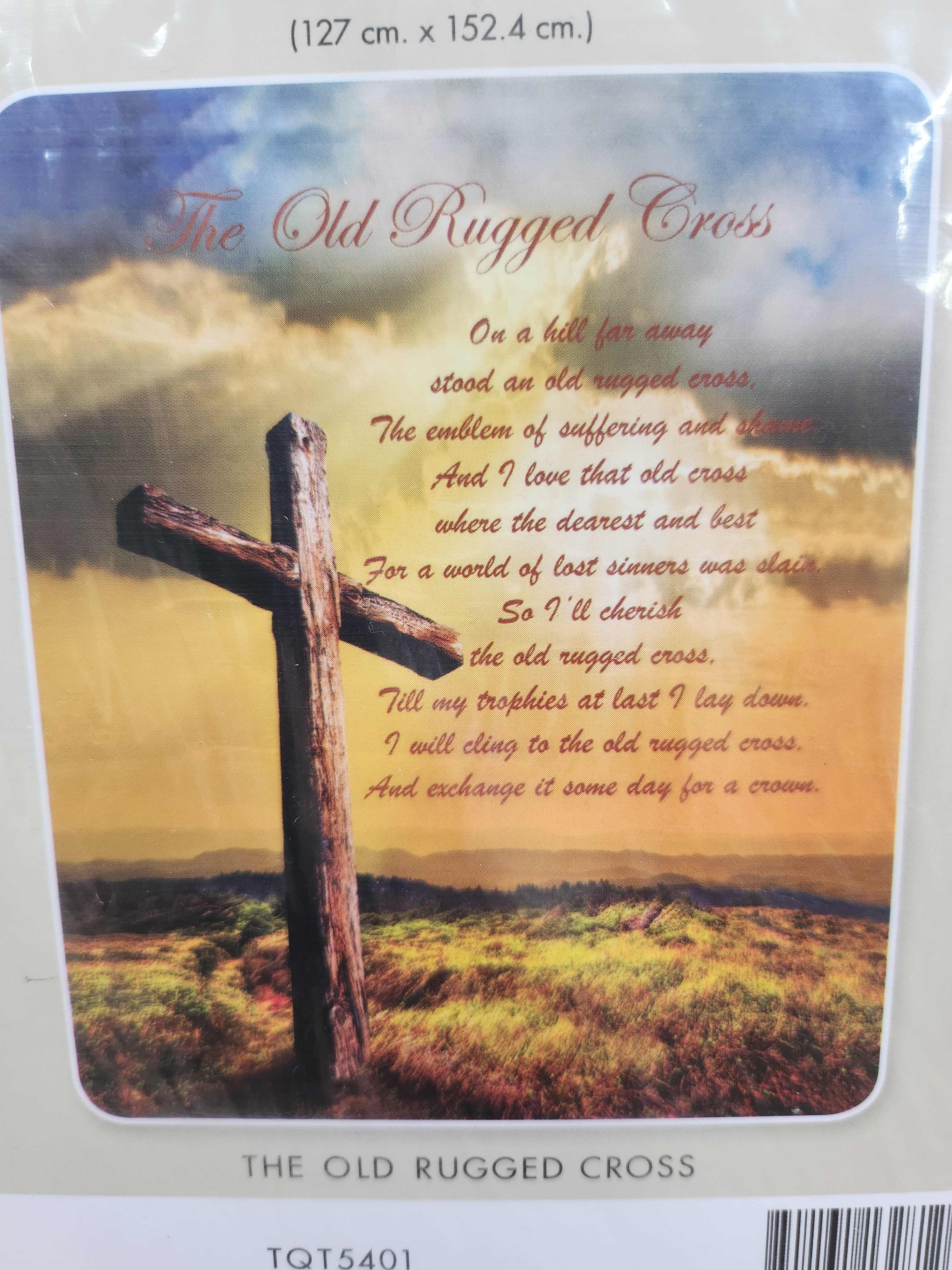 The Old Rugged Cross Throw - 50in. x 69 in. Tapestry Throw. Displayed on stand with silk greenery and ribbon.