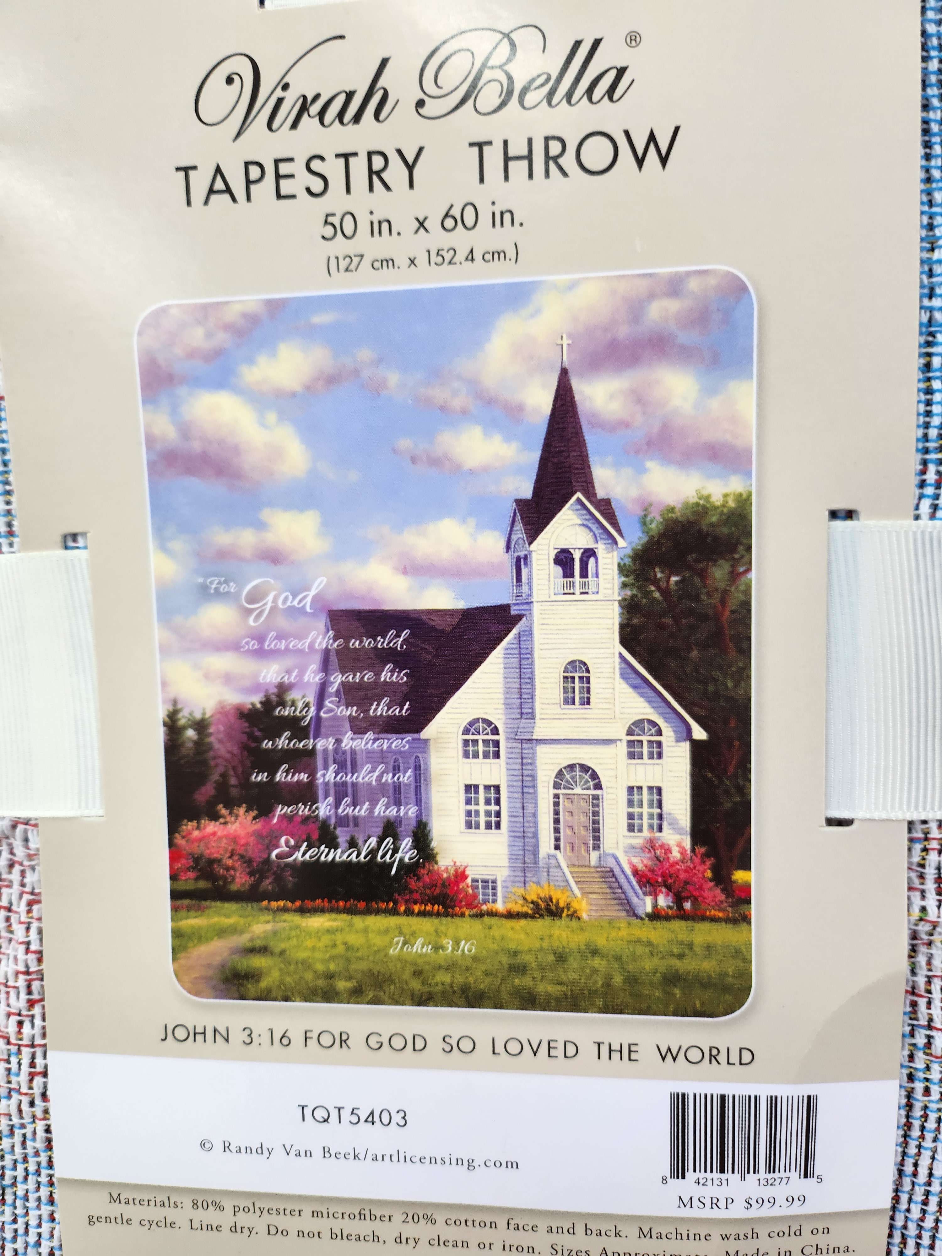 For God So Loved The World - 50&quot; by 60&quot; Throw. Displayed on stand with bow and silk greenery.