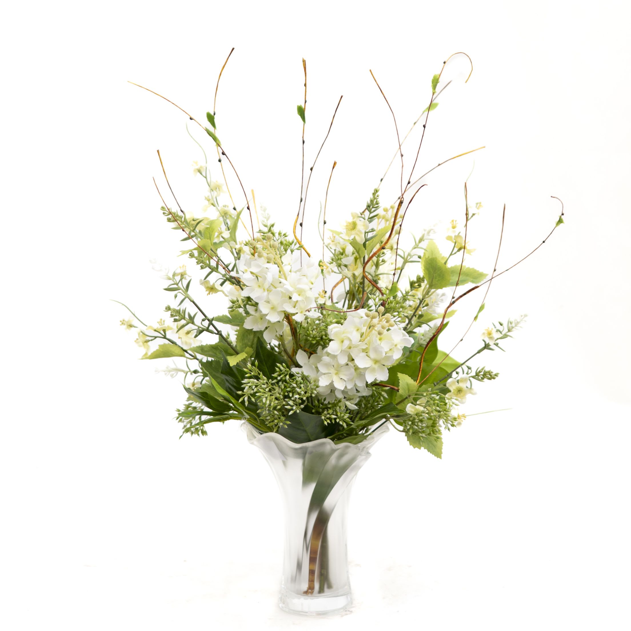 All White Permanent Arrangement - Artificial white flowers in a modern frosted vase.