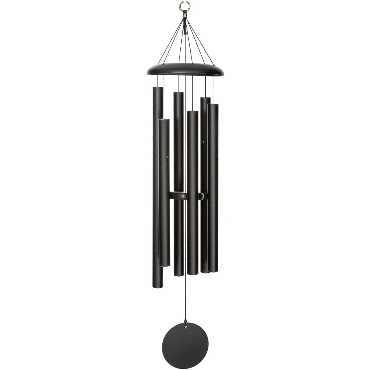 Corinthian Bells Windchime - 44in - Color: Black The 44-inch Corinthian Bells wind chime is one of the more popular chimes in the Corinthian Bells line.   Proudly made in the USA, Corinthian Bells wind chimes combine excellence in design with incredible tones and resonance. These are visually and acoustically exceptional chimes. The centrally suspended heavy-walled aluminum tubes along with the high-density striker give these chimes their outstanding tones and resonance. The tubes are powder coated to match the dome and wind sail, giving a complete finished look to the chime.  Specifications Dimensions: 44&quot; (L) x 9&quot; (H) x 9&quot; (W) -- full length of chime Weight: 6.0 lb.