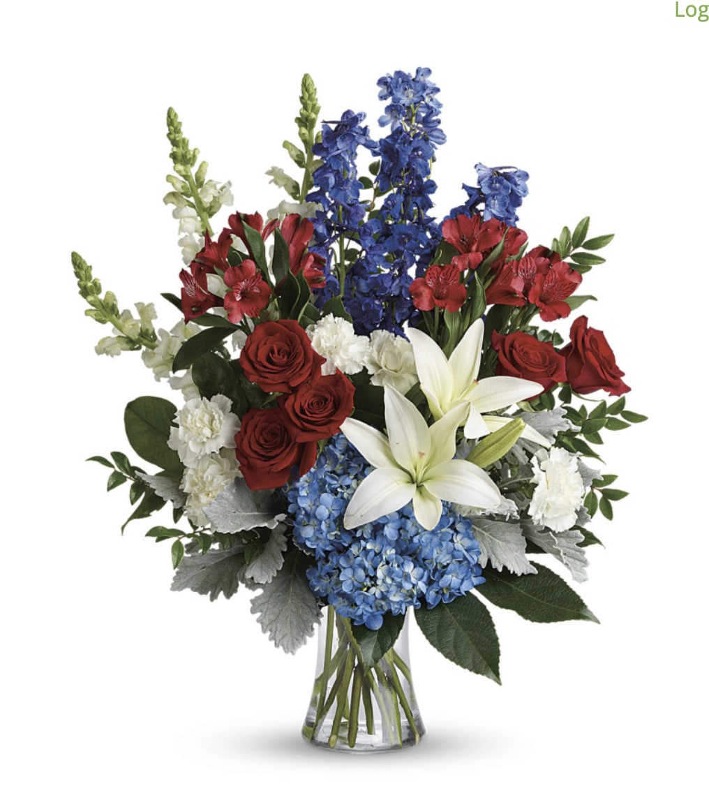 Patriotic Flower Bouquet - Blue Hydrangea, Red Roses, White Lilies Thank them for their service with our Patriotic Flower Bouquet! Featuring blue hydrangea, delphinium, red roses, alstroemeria, white asiatic lilies, carnations, and snapdragons along with huckleberry, dusty miller, aralia leaf and lemon leaf designed in a clear gathering vase.  It's the perfect bouquet to send to members of the military, law enforcement, or fire department.  This bouquet is a thoughtful gift for occasions of sympathy, thank you, or thinking of you. 