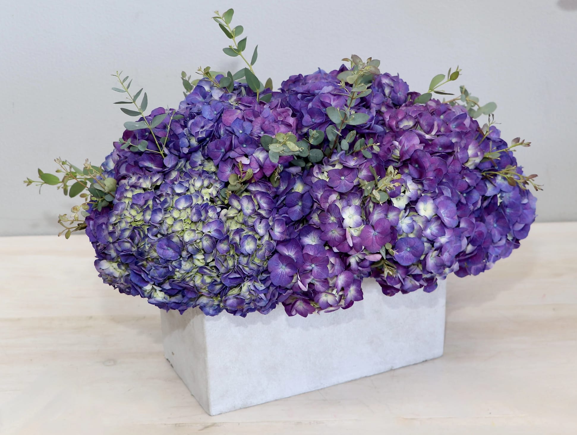 Purple Hydrangea Special - WeHo - These stunning purple hydrangeas are paired with fragrant eucalyptus leaves in a wooden box.