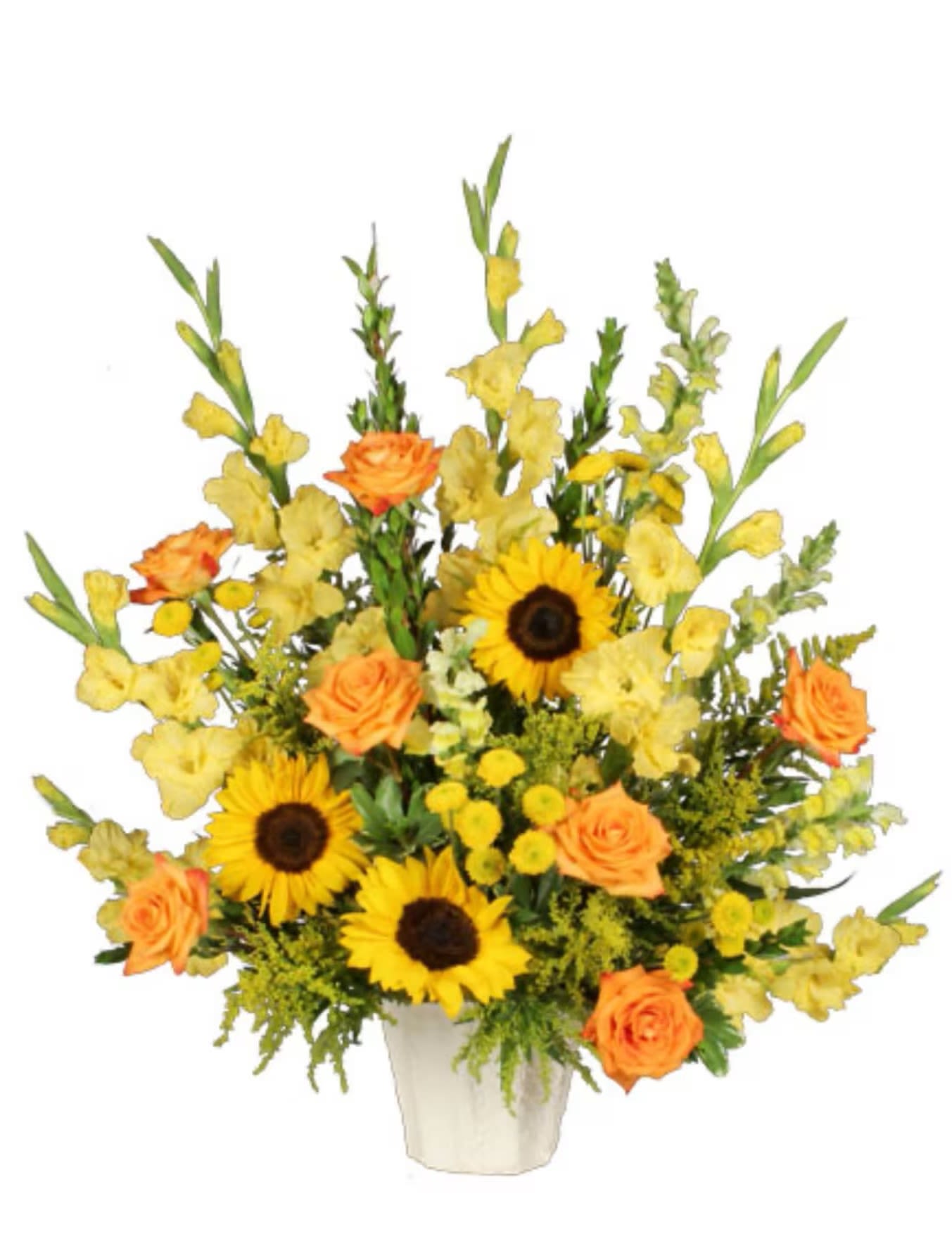 GOLDEN GOODBYE  - Comfort often can revolve around beautiful memories and a place of tranquility. Like taking in the beauty of a warm and green spring field on a summer day, the Golden Goodbye arrangement can be a way to offer peace to the ones you love. J Mach Container, Foliage: Myrtle, Jade, Variegated Pittosporum, Sunflowers, Yellow Gladiolus, Yellow Snapdragons, Orange Roses, Yellow Button Poms, Solidago.
