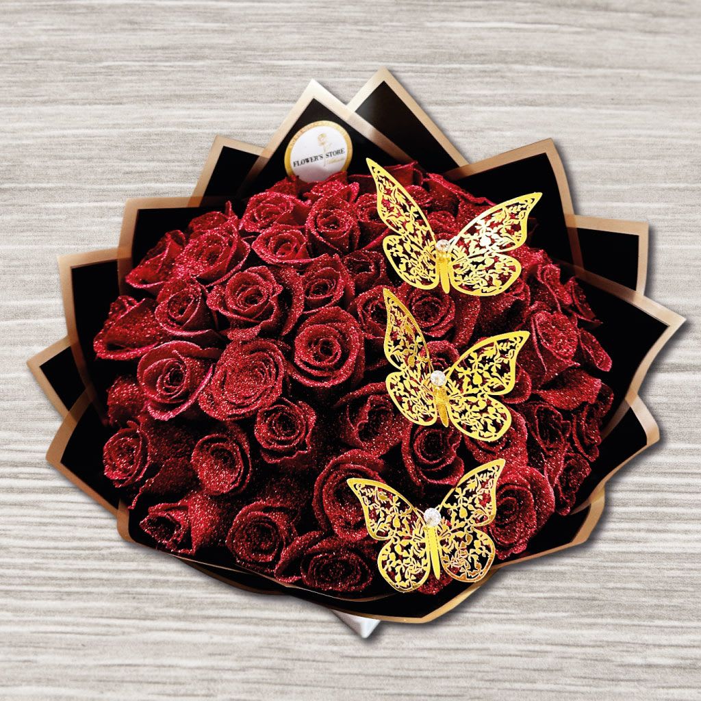 Midnight Roses Midnight Roses - • Red bright Roses • Wrap Paper • Gift bow • Golden Butterfrees