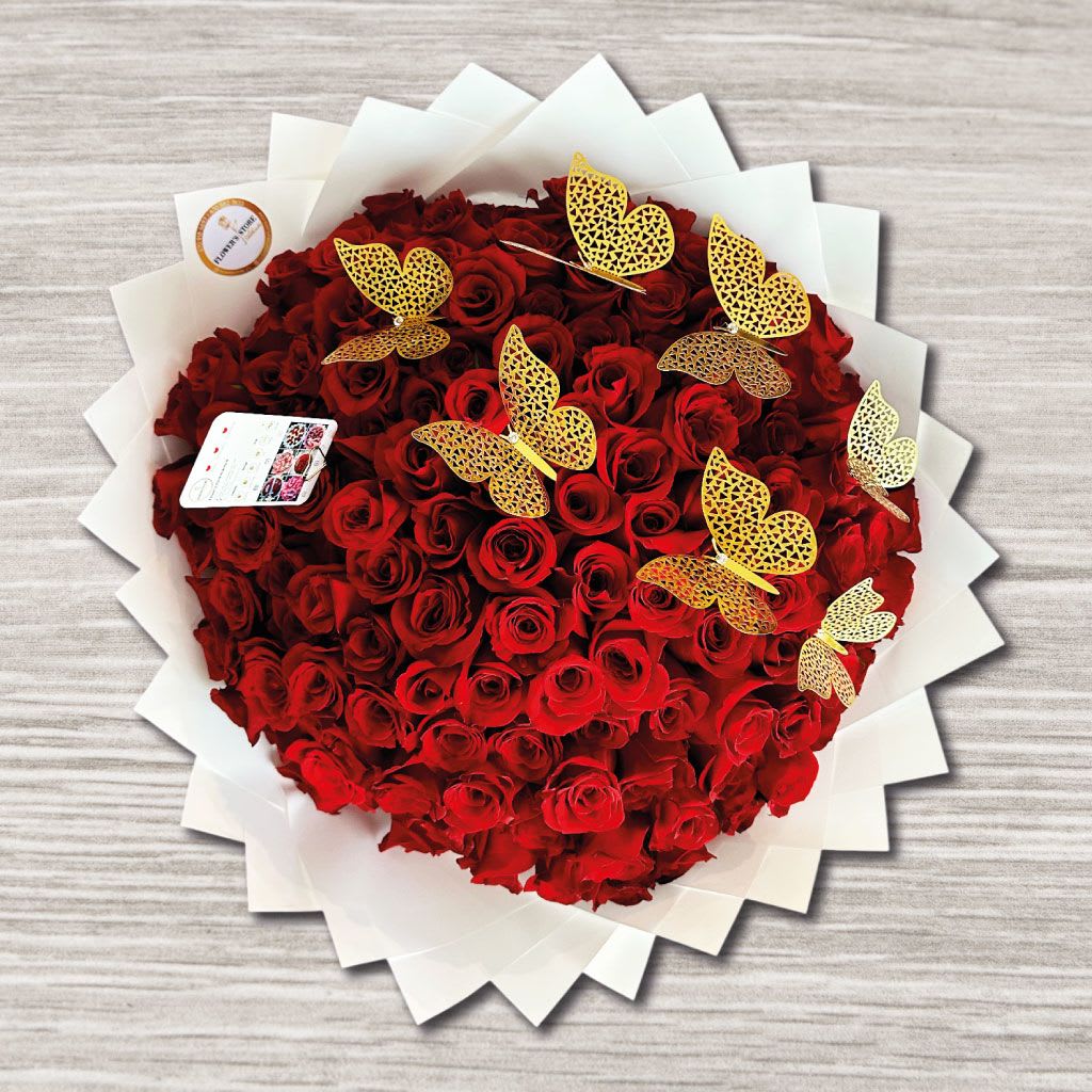 Springtime Bliss Springtime Bliss - • Red Roses • Golden Butterflies • Wrap Paper • Gift bow