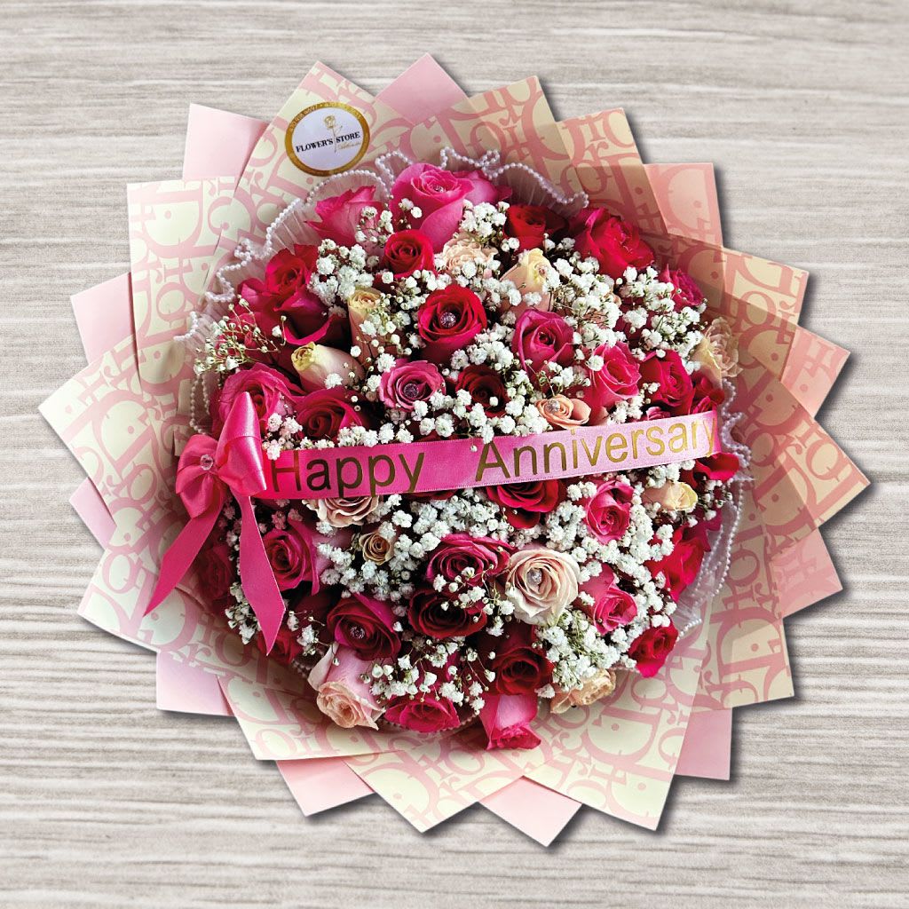 Lovely day Lovely day - • Red Roses • Pink Roses • Gypsophila • Wrap Paper • Gift bow