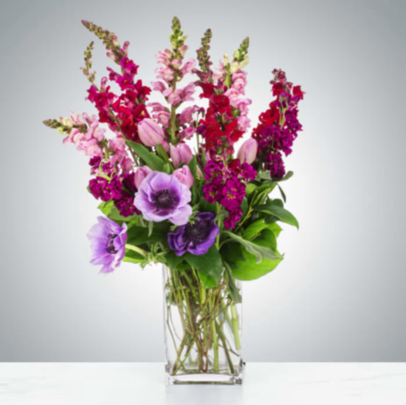 Amethyst Magic by BloomNation™ Amethyst Magic by BloomNation™ - Amethysts can come in a variety of beautiful purple colors just like this arrangement. Featuring Anemones, tulips, and snapdragons, this arrangement makes a beautiful February birthday present or a lovely congratulations gift. Approximate Dimensions: 20"D x 27"H