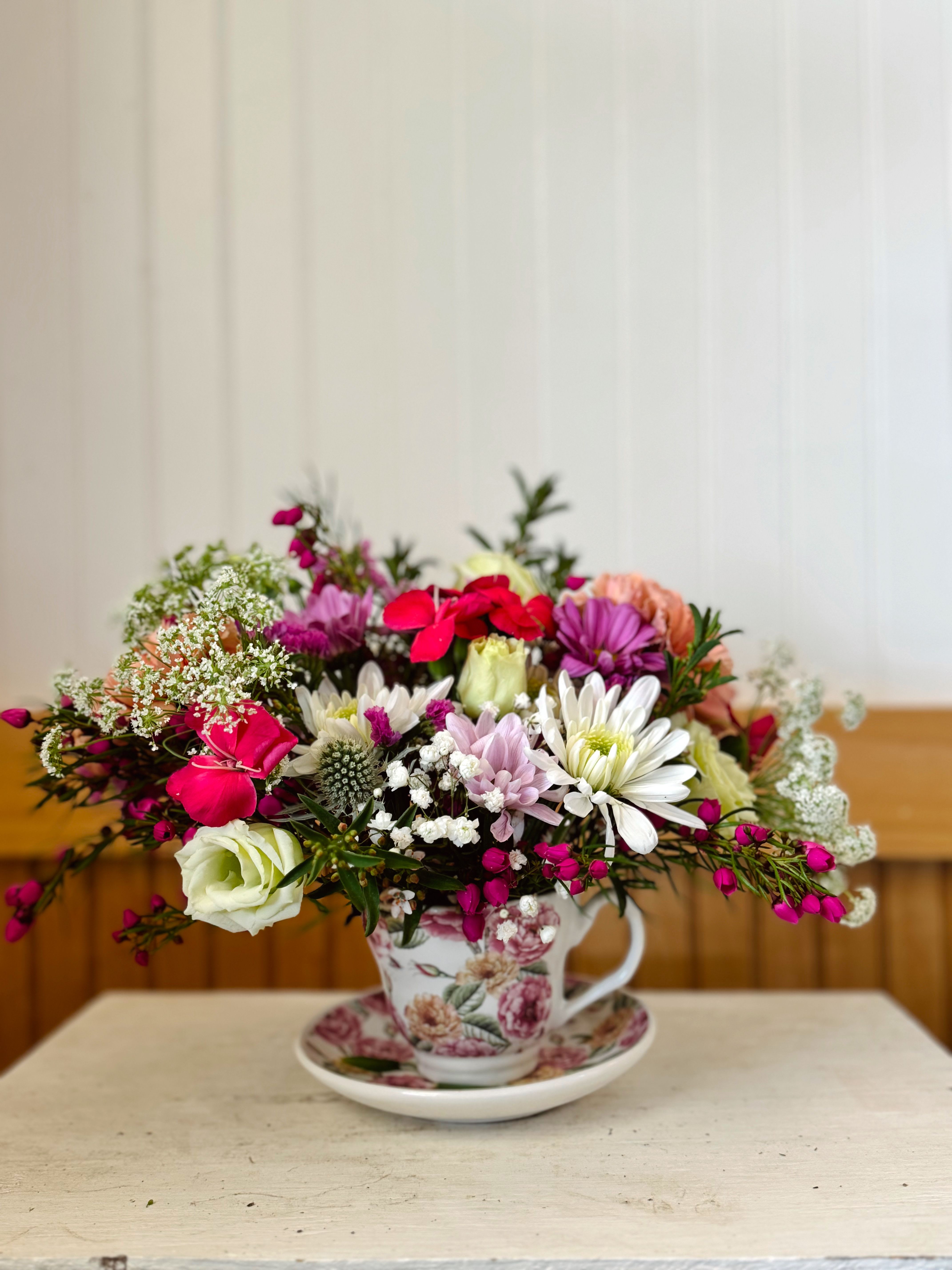 Tea Time Bouquet - Pour a little magic into your day with the Tea Time Bouquet, a delicate and whimsical floral arrangement nestled in a vintage-inspired teacup.