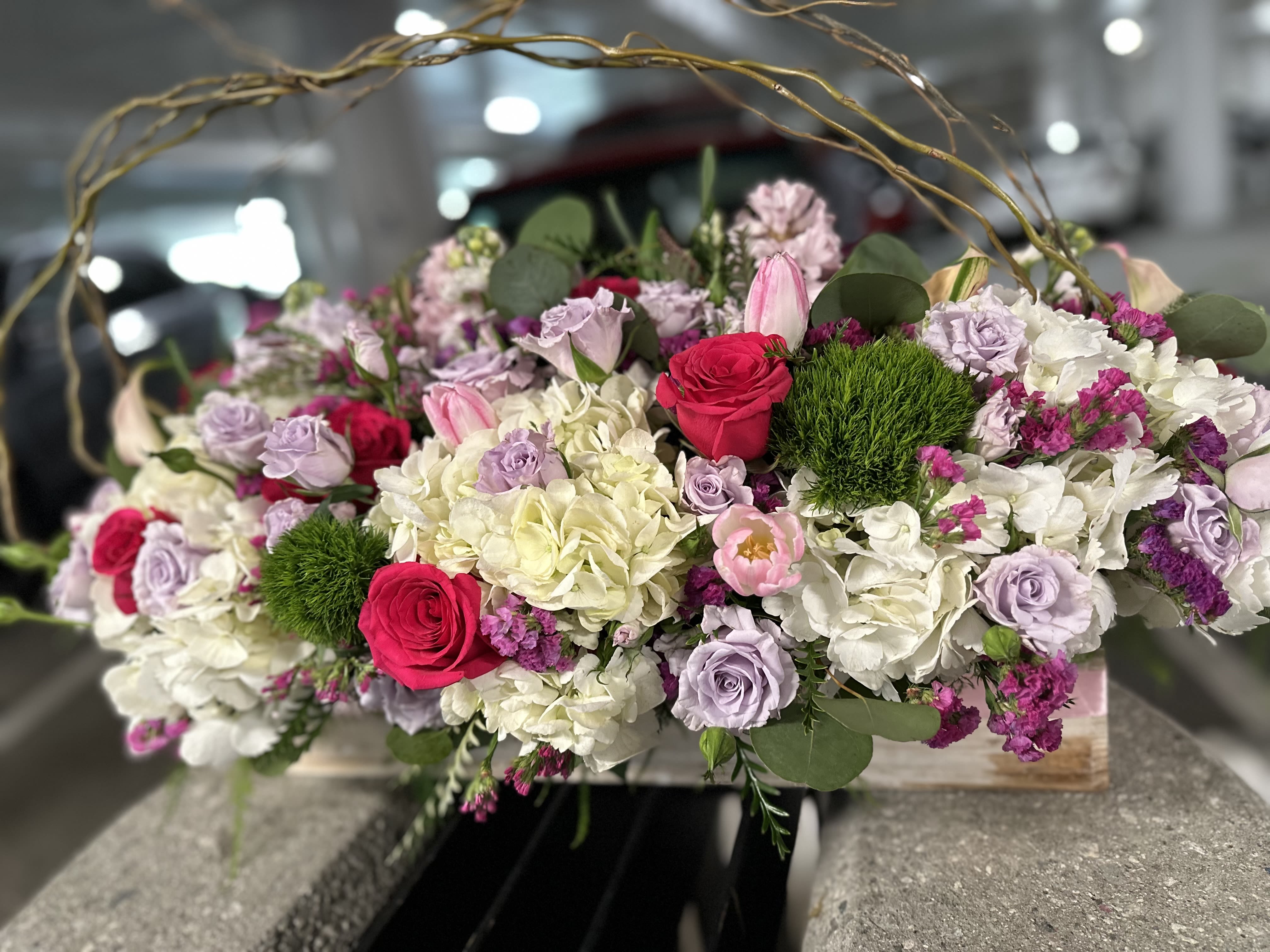 Spring Radiance Bloom Box - Celebrate the season of renewal with our Spring Radiance Bloom Box — a vibrant collection of handpicked seasonal flowers bursting with color and fragrance. Nestled in a charming box, this arrangement features a cheerful mix of tulips, ranunculus, roses, hyacinths, and stock. Perfect for brightening any space or gifting a touch of springtime joy. Each bloom is selected for its freshness and beauty, designed to capture the essence of spring in full bloom.
