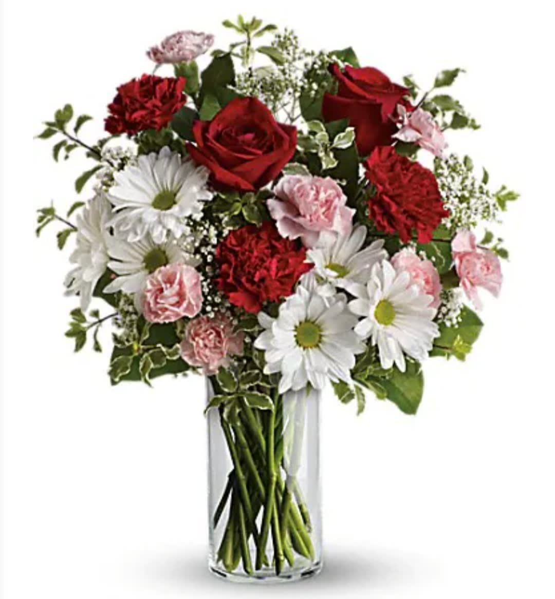A Kiss In The Park - This beautiful bouquet includes red roses, red carnations, pink miniature carnations, white daisy spray chrysanthemums and baby's breath accented with assorted greenery, In a clear glass vase.
