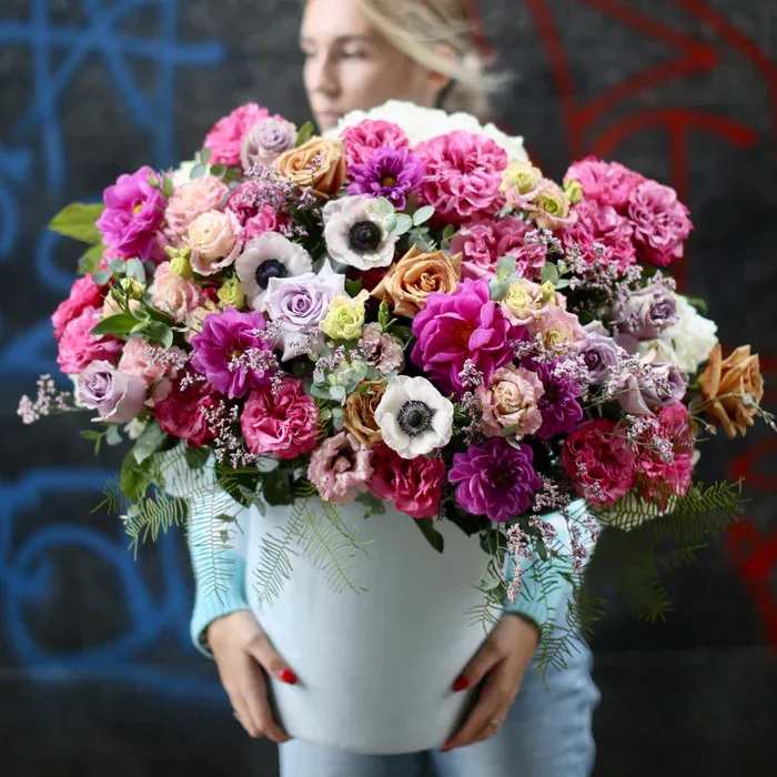 Enchanting - Beautiful luxury bright arrangement with anemones, roses, dahlias and lisianthus, purple, pink colors with touches of white. Always Fresh flowers.