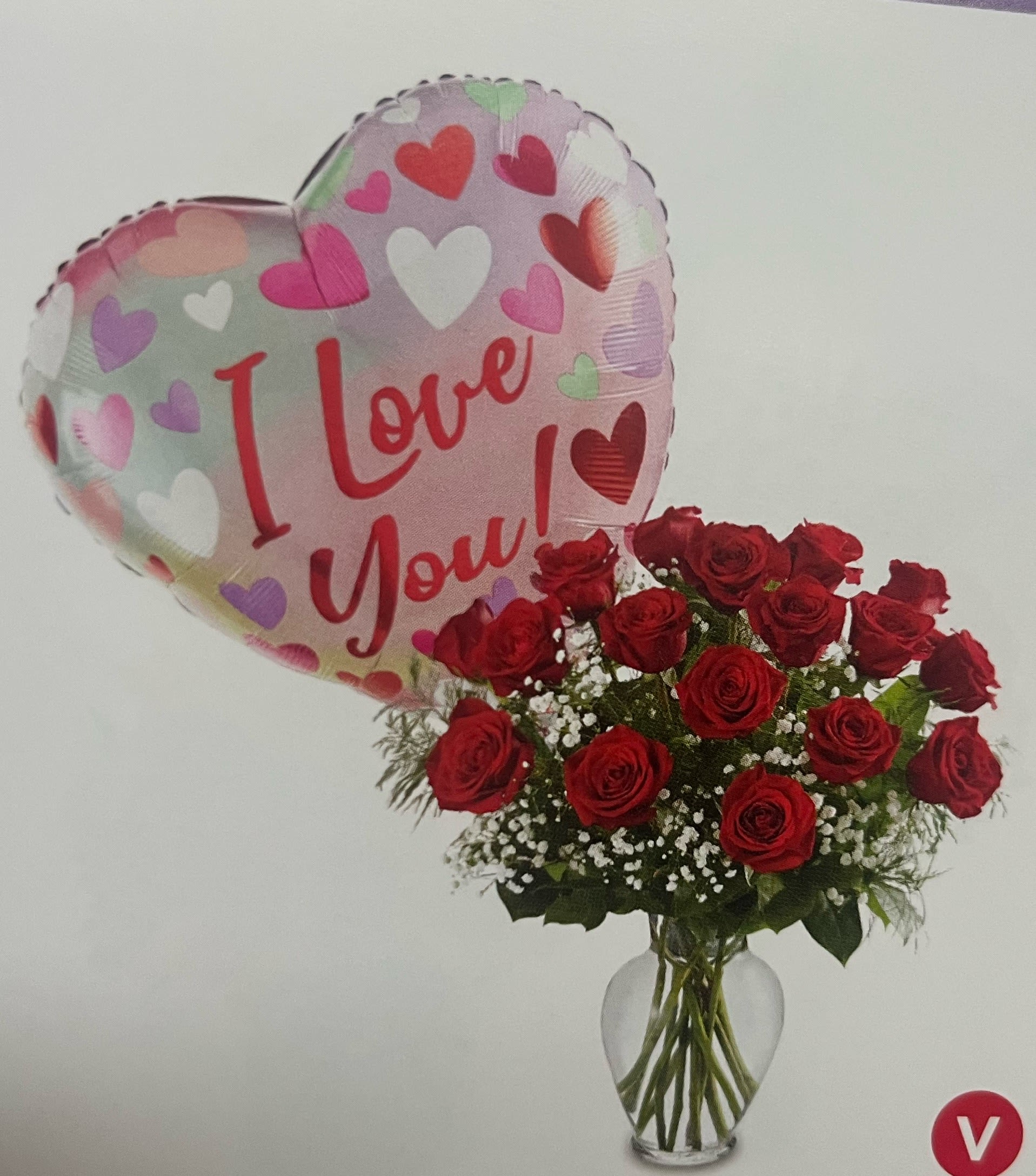 Rose elegant with ballon - All around with rose red and gypsophilia and greens