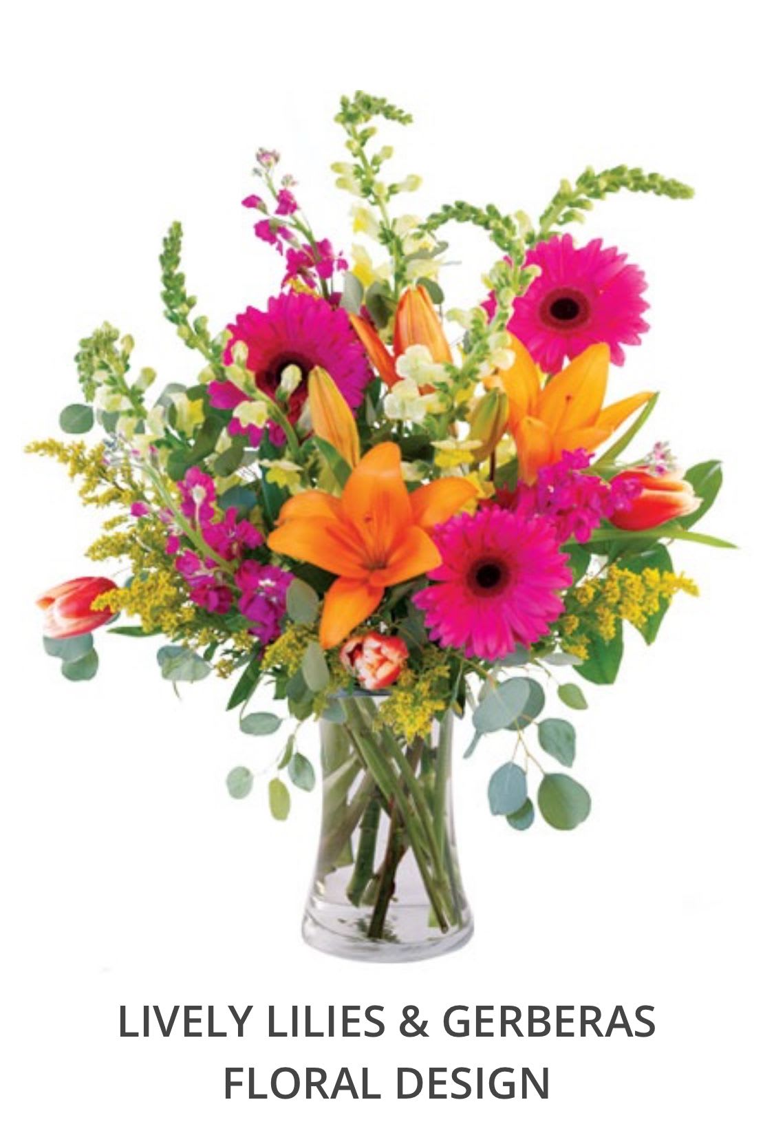 LIVELY LILIES & GERBERAS LIVELY LILIES & GERBERAS - Vibrant and animated, Lively Lilies and Gerberas is a bountiful mix of hot pink gerberas, orange lilies, yellow snapdragons, and more! This fresh and fun design is perfect for any occasion and will have them smiling as soon as they see it! Includes: Clear Gathering Vase, Greens: Silver Dollar Eucalyptus, Salal, Flowers: Yellow Snapdragons, Purple Stock, Red Tulips, Hot Pink Gerberas, Solidago, Orange Lilies.