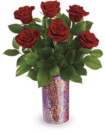 Modern Roast - Celebrate your forever love with the classic romance of radiant red roses, arranged in a keepsake sparkling, crackled mosaic vase.  This beautiful bouquet features red roses and lemon leaf. Delivered in Teleflora's Love Sparkles vase. 