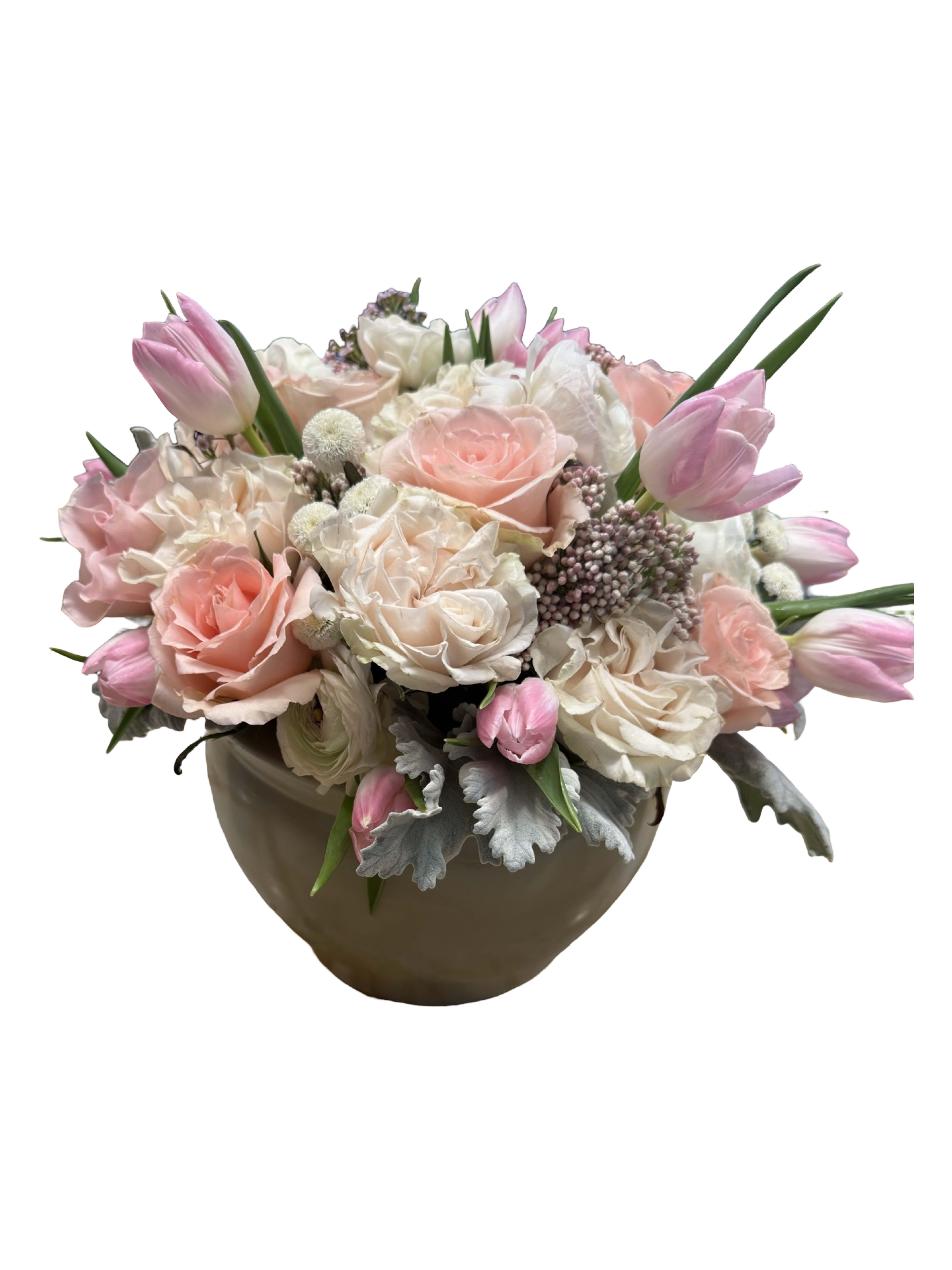 Pink paradise  - Tulips,ranunculus,roses,rice flower,dustymiller 