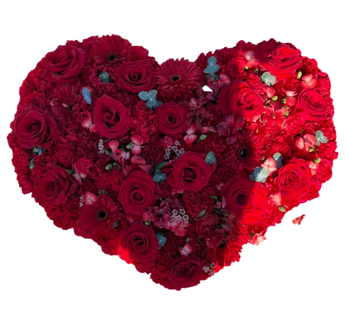 I heart you - Red roses,red gerbera,red carnation,red astromedia,eucalyptus 