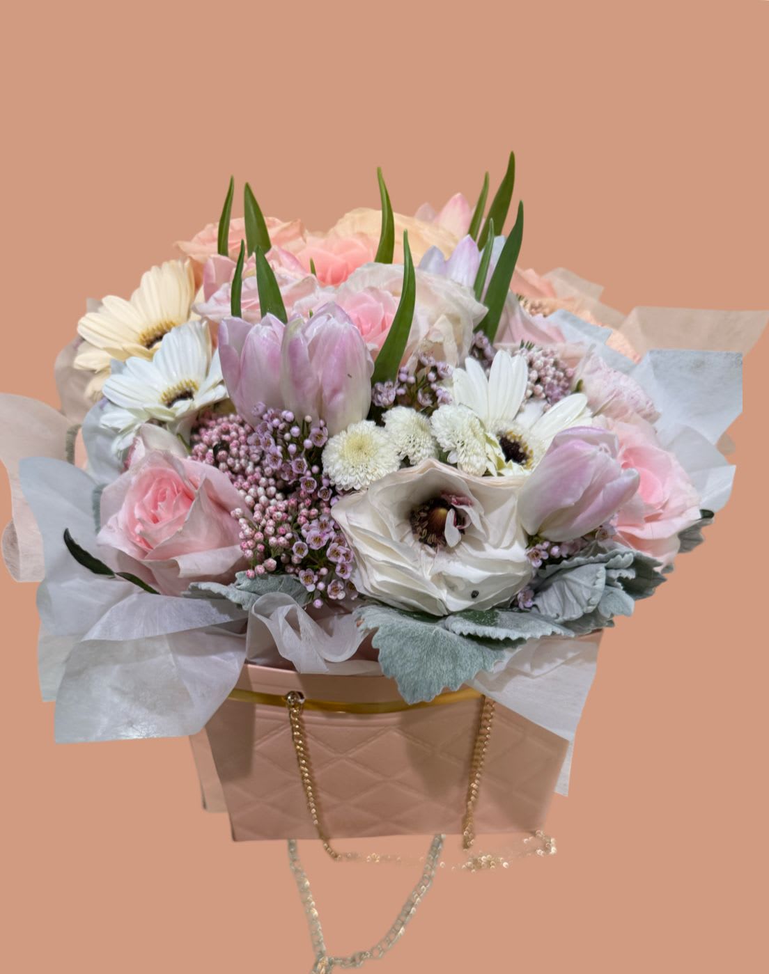 Small pink bag - Rose, tulips, carnation 