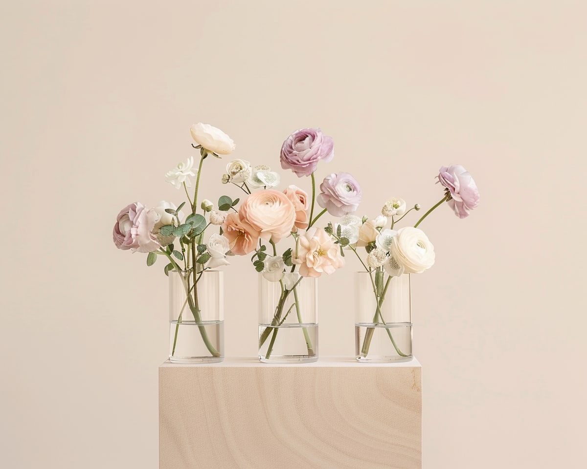  The Ever After Edit – Specialty Bud Vases (Set of 3)  - A refined floral accent for those who appreciate thoughtful details and color-driven design. This set of three glass bud vases features petite garden-style arrangements designed in one of our Signature Specialty Palettes—perfect for farm tables, cocktail tables, welcome areas, or sprinkled throughout your event space for a curated touch.  Each set includes: 3 clear glass bud vases in varying heights  A delicate selection of premium blooms such as spray roses, ranunculus, lisianthus, stock, or other seasonal florals. Composed in a soft, airy style with graceful greenery and visible negative space  Available in the following Specialty Palettes:  Mauve &amp; Dusty Rose (blush, dusty pink, muted lavender, soft mauve, ivory) Autumn Glow (burnt orange, golden peach, ochre, blush, ivory) Winter Whites &amp; Burgundy (ivory, crisp white, burgundy, wine, taupe, dusty green) Springery Meadow (peach, pale yellow, blush, pastel blue, soft greens) Coastal Mist (pale blue, dove gray, lavender, white, sage) Moody Romance (plum, black cherry, soft taupe, dusty lavender, ivory)  Please note: Bud vase shapes may vary depending on availability. All designs are created in our designer’s choice format, using the freshest florals available within your selected palette. Customization or specific flower requests are not accepted.