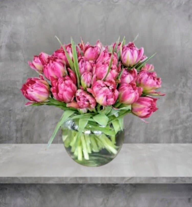 High Spirited High Spirited - A bunch of wonderful double tulips all in a round vase.