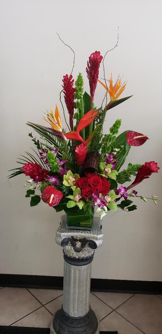 Tropical Arrangement - Large square vase with exotic flower