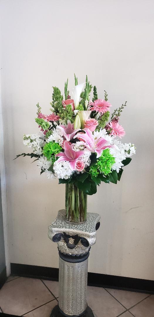 WV-008(mother's day) - cylinder vase with roses, lilies, gebera, bell, calla lilly, etc