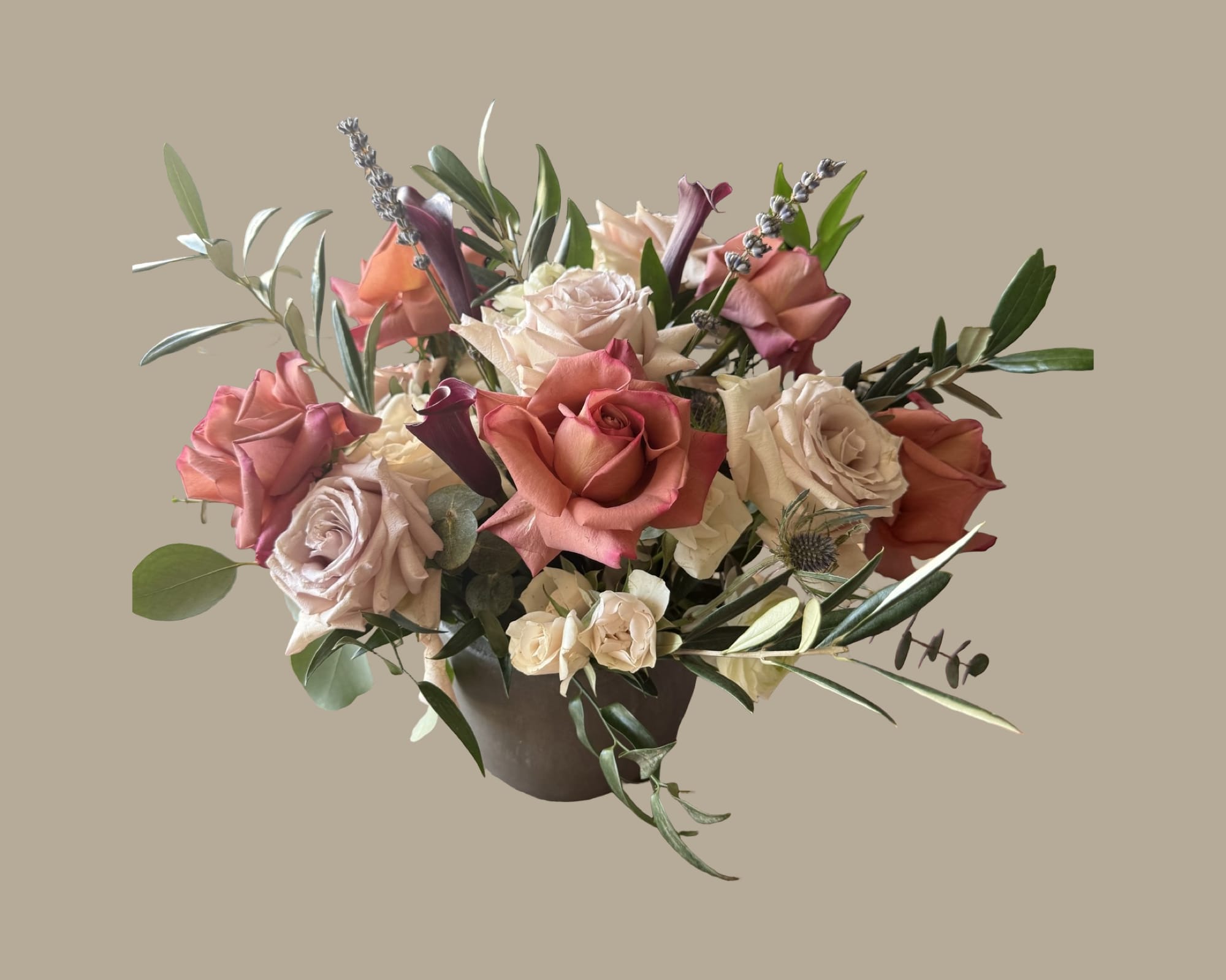 Barista love - Roses,eucalyptus,Italian ruscus,olive leaves, mini Cala lilies, lavender, spray roses,