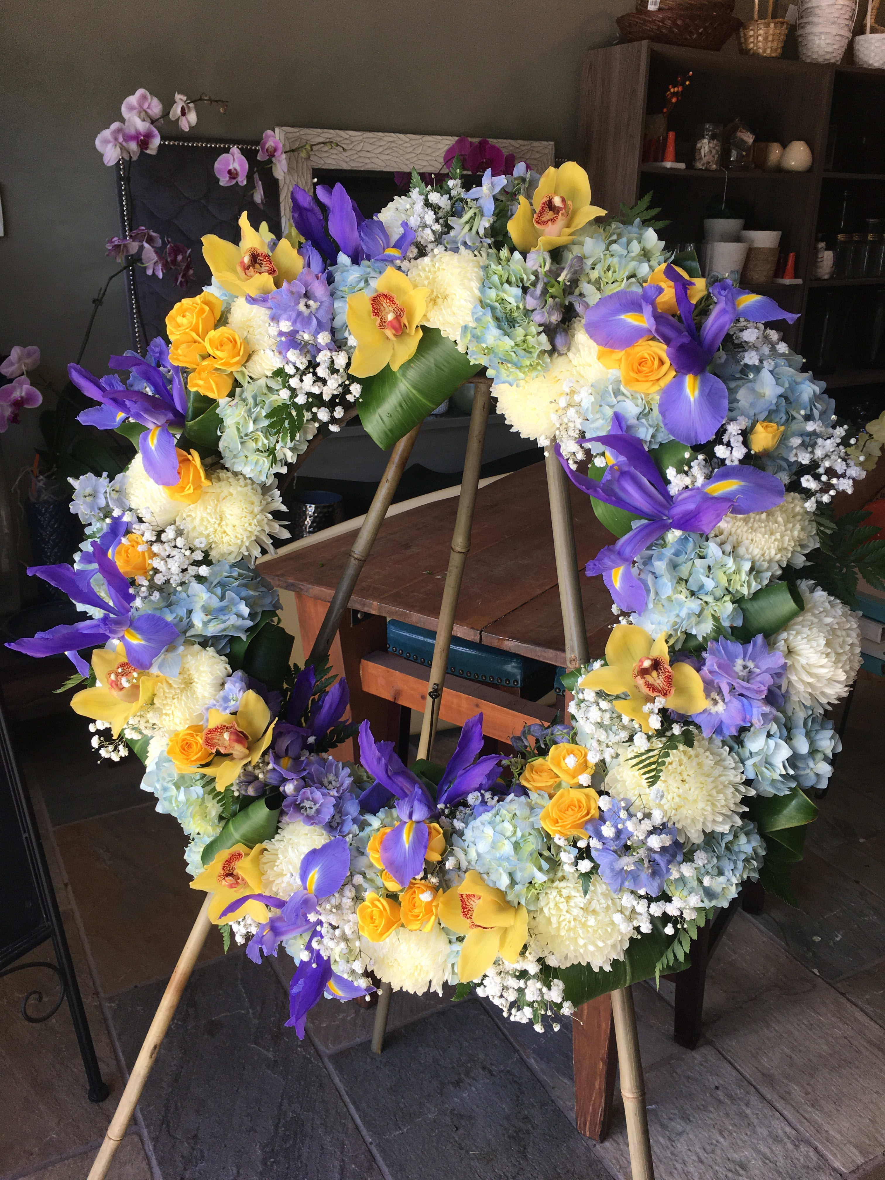 #162 blue, white, and orange open wreath #162 blue, white, and orange open wreath - blue, orange, white